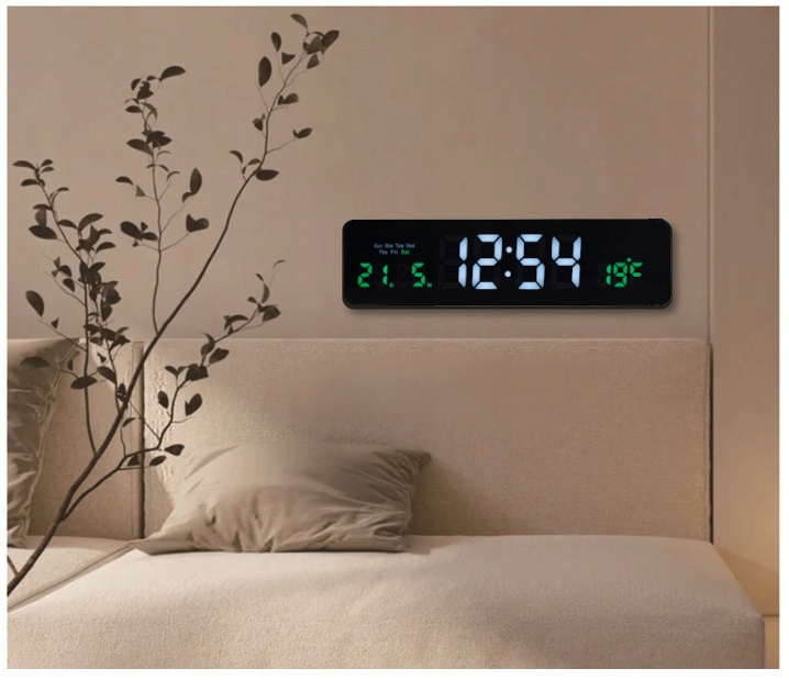 ZEGAR STOJĄCY DUŻY ELEKTRONICZNY CYFROWY Nowoczesny LED Temperatura Data Szerokość całkowita 32 cm