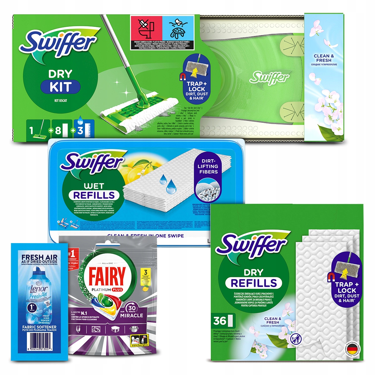 Swiffer: Dry+Wet Kit, suche ściereczki 36s. mokre chusteczki 24s.