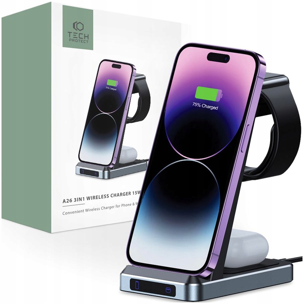 Bezdrátová nabíječka Tech-protect QI15W-A26 3v1 černá