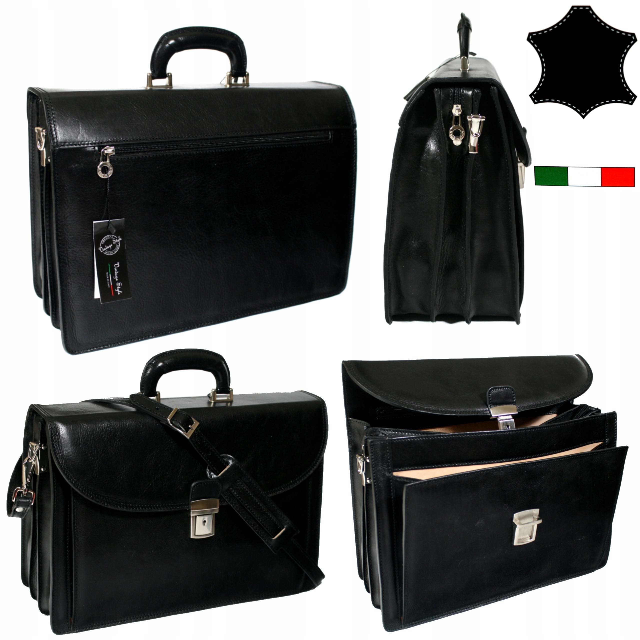 Pánská kožená aktovka černá italská 3 komory na notebook 15" velká A4