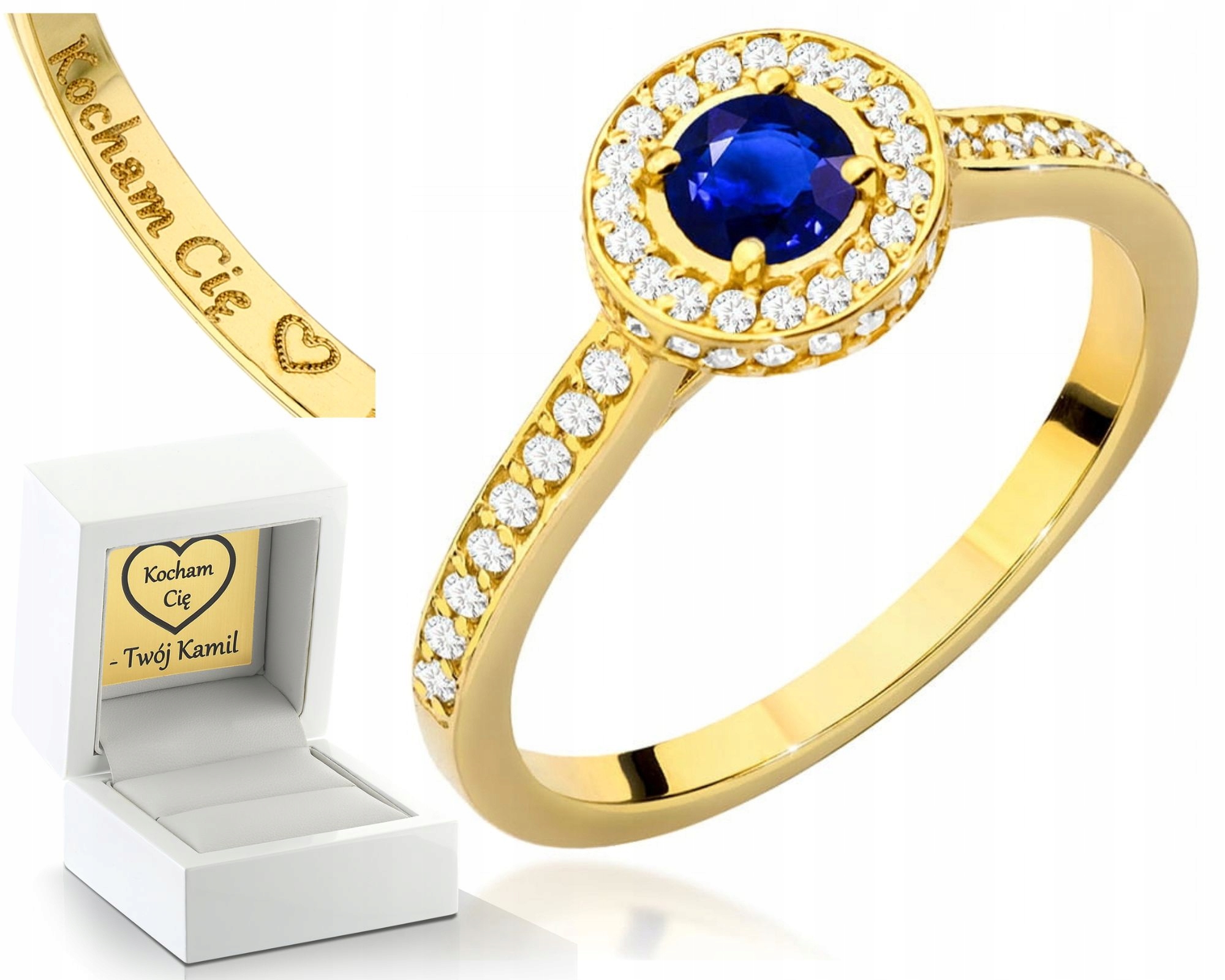 Zlatý Prstýnek S Briliantovým Safírem Gravírování 14K