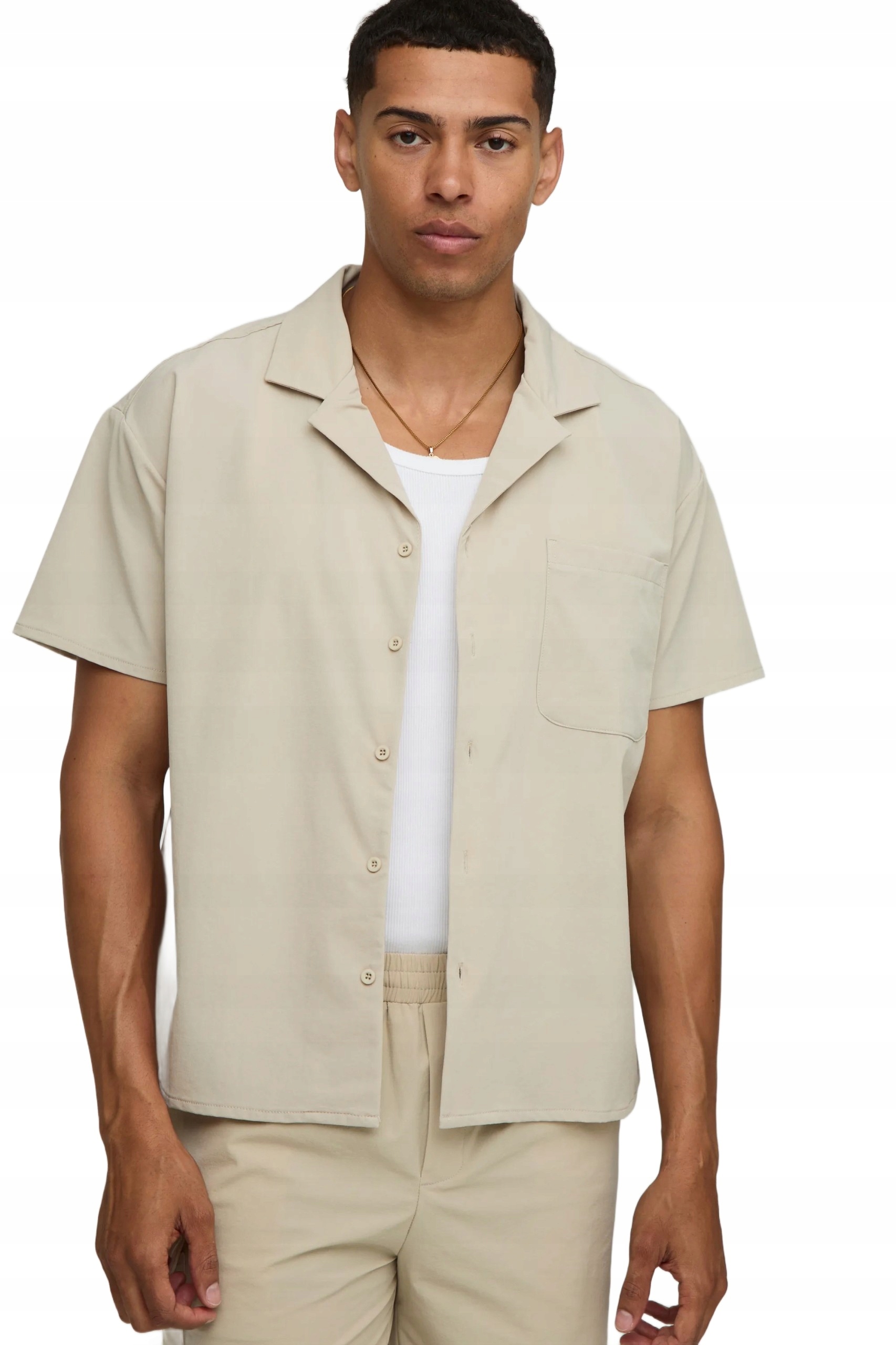 Boohooman Pánská Košile Casual Béžová Krátký Rukáv Kapsa L Z3A