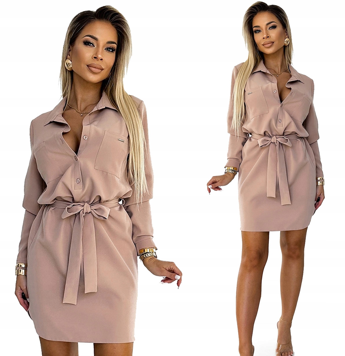 Elegantní Košilová Šaty S Vázáním A Límcem Béžová S