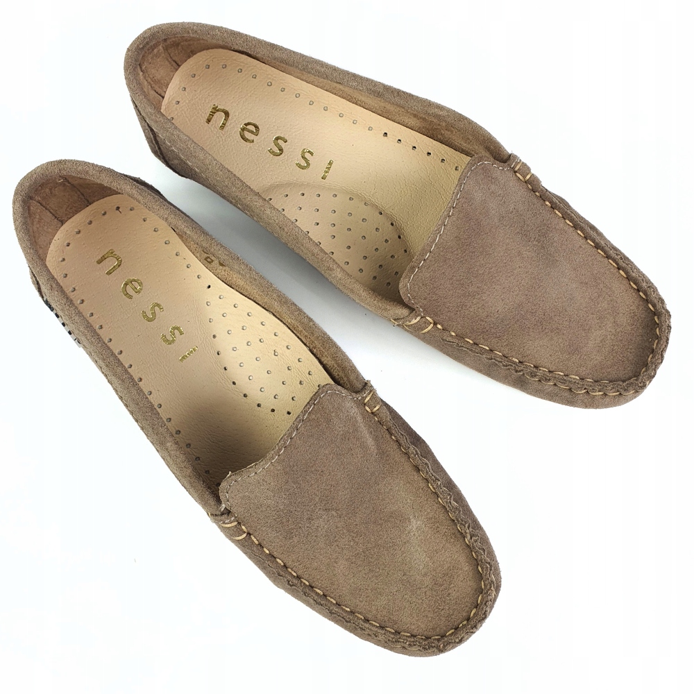 Nessi 17130 mokasyny damskie beżowe skóra welur r. 37