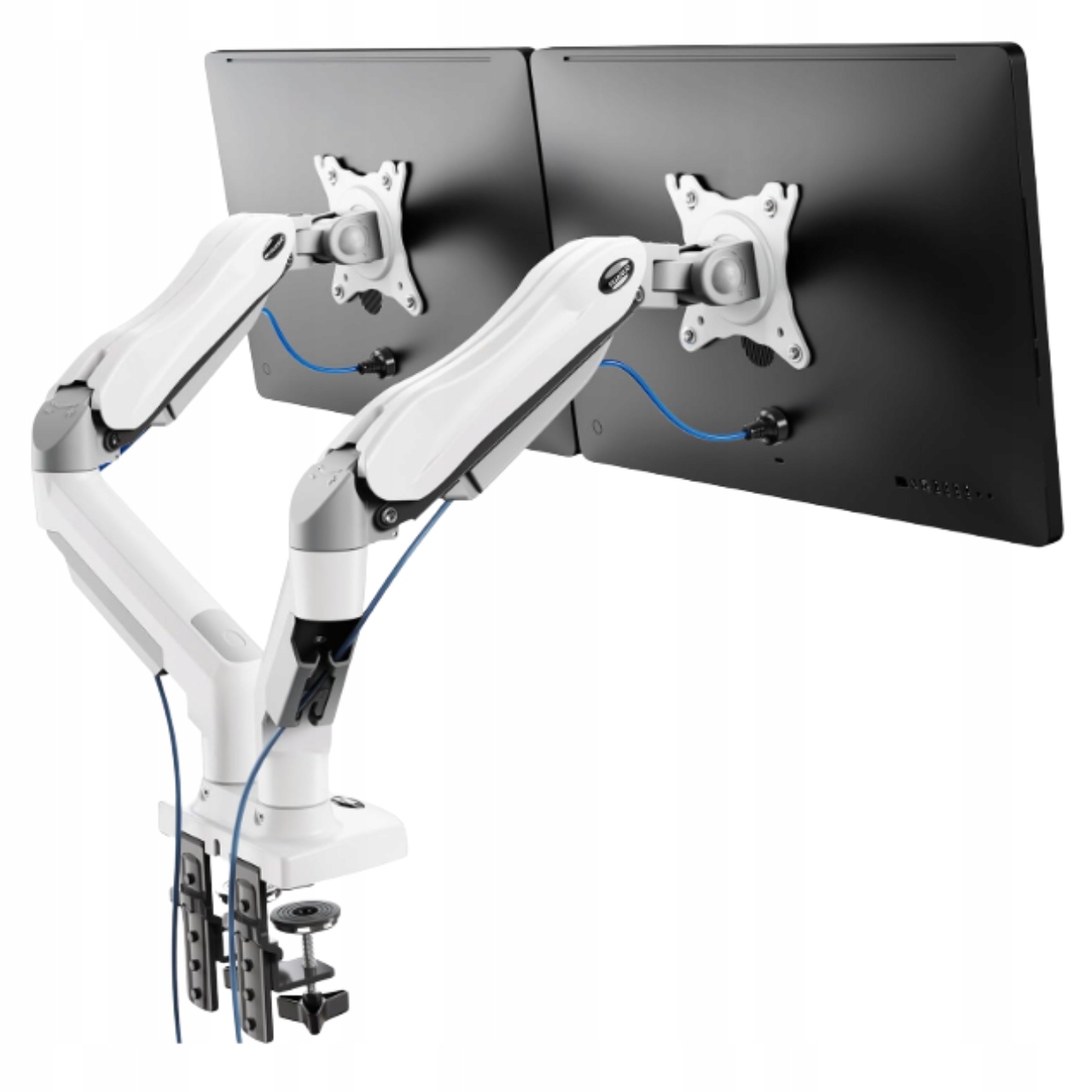 Biały uchwyt biurkowy Huanuo na dwa monitory 13–32” – pełny obrót HNDS6W