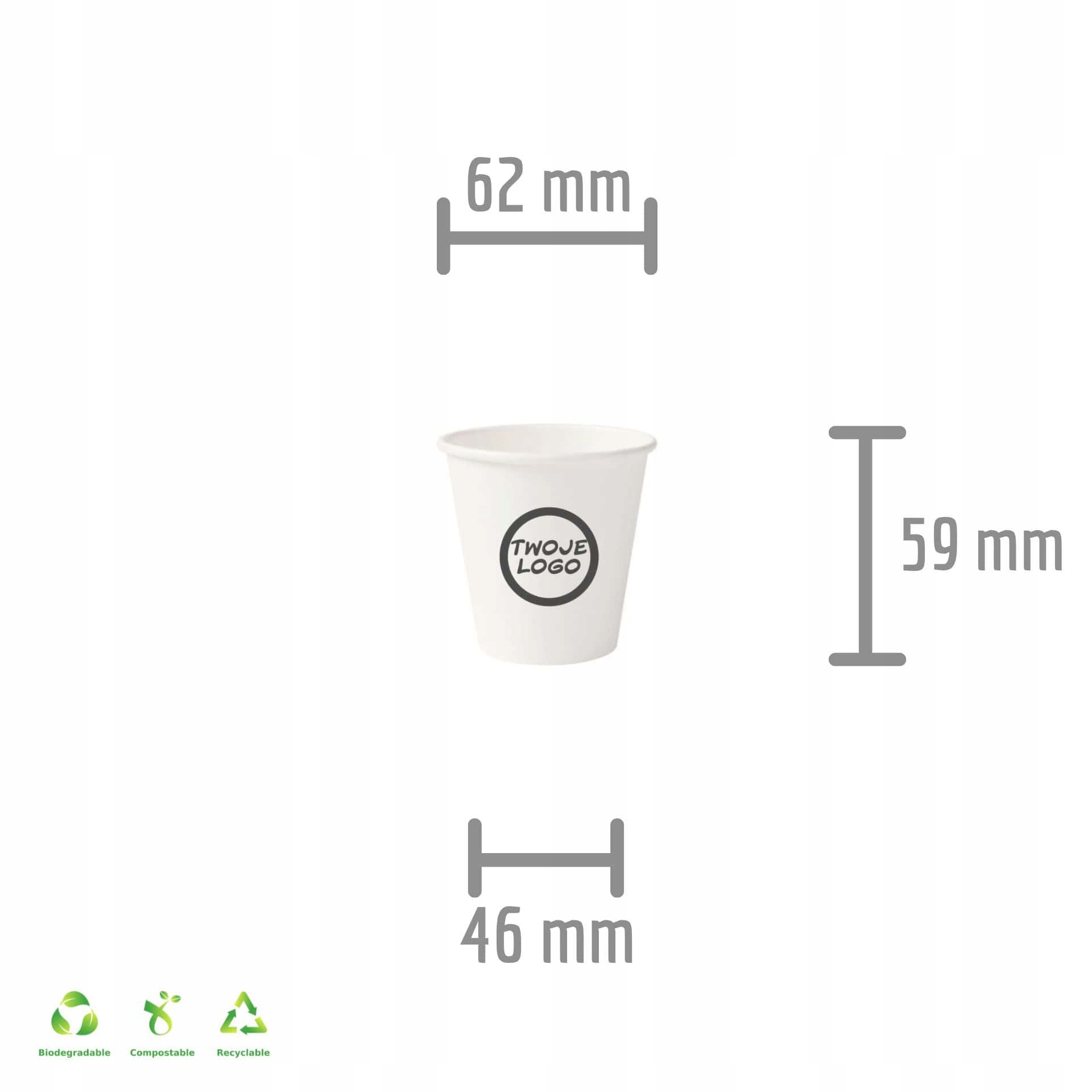 Bílé papírové kelímky o objemu 40 ml s logem – ekologické, bez plastů, 1000 ks