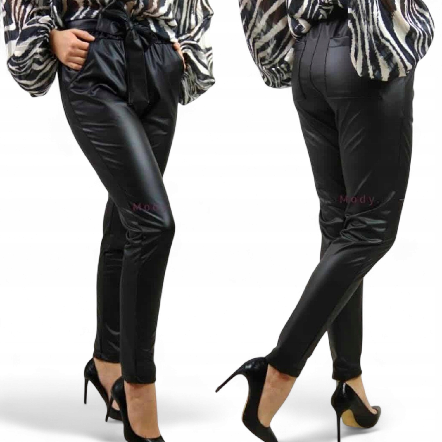 Dámské kožené kalhoty s páskem Plus Size, ekokůže, černé, velikost 42