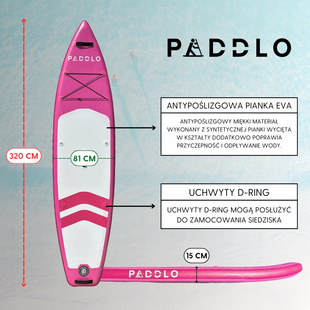 DESKA SUP PADDLO POMPOWANA PADDLE BOARD DO PŁYWANIA WIOSŁO ZESTAW 320CM Model Pink 320