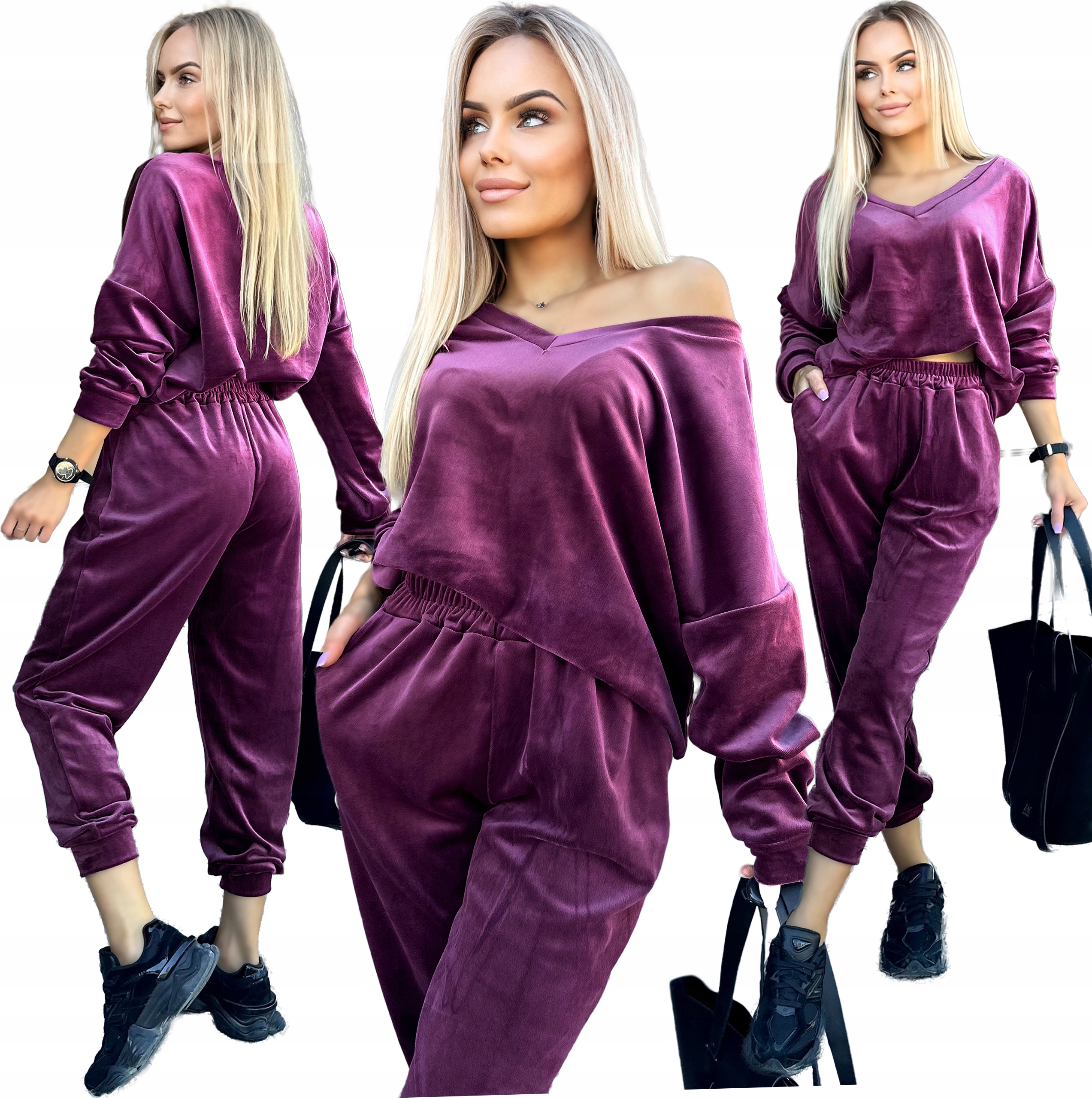 Welurowy miękki Komplet Dresowy damski bluza spodnie 48 50 Ella