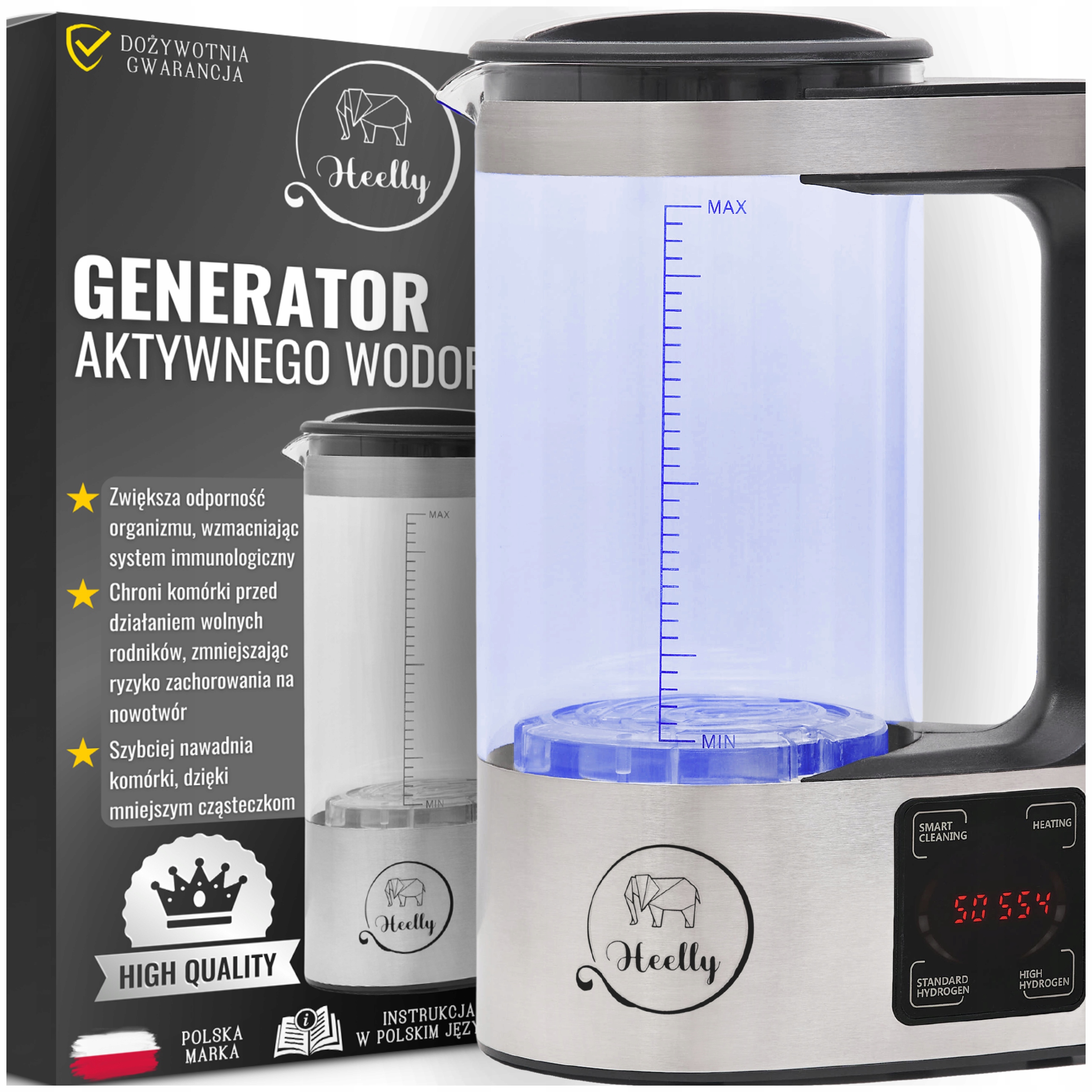 Generator Aktywnego Wodoru Jonizator Szklany 2L Wody Wodorowej Heelly
