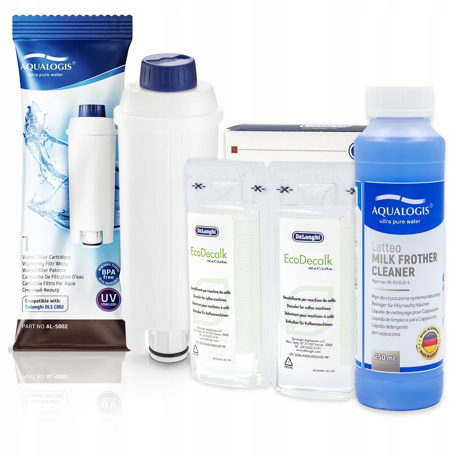 Zestaw Delonghi Aqualogis AL-S002, Delonghi EcoDecalk 200ml, Latteo 250ml