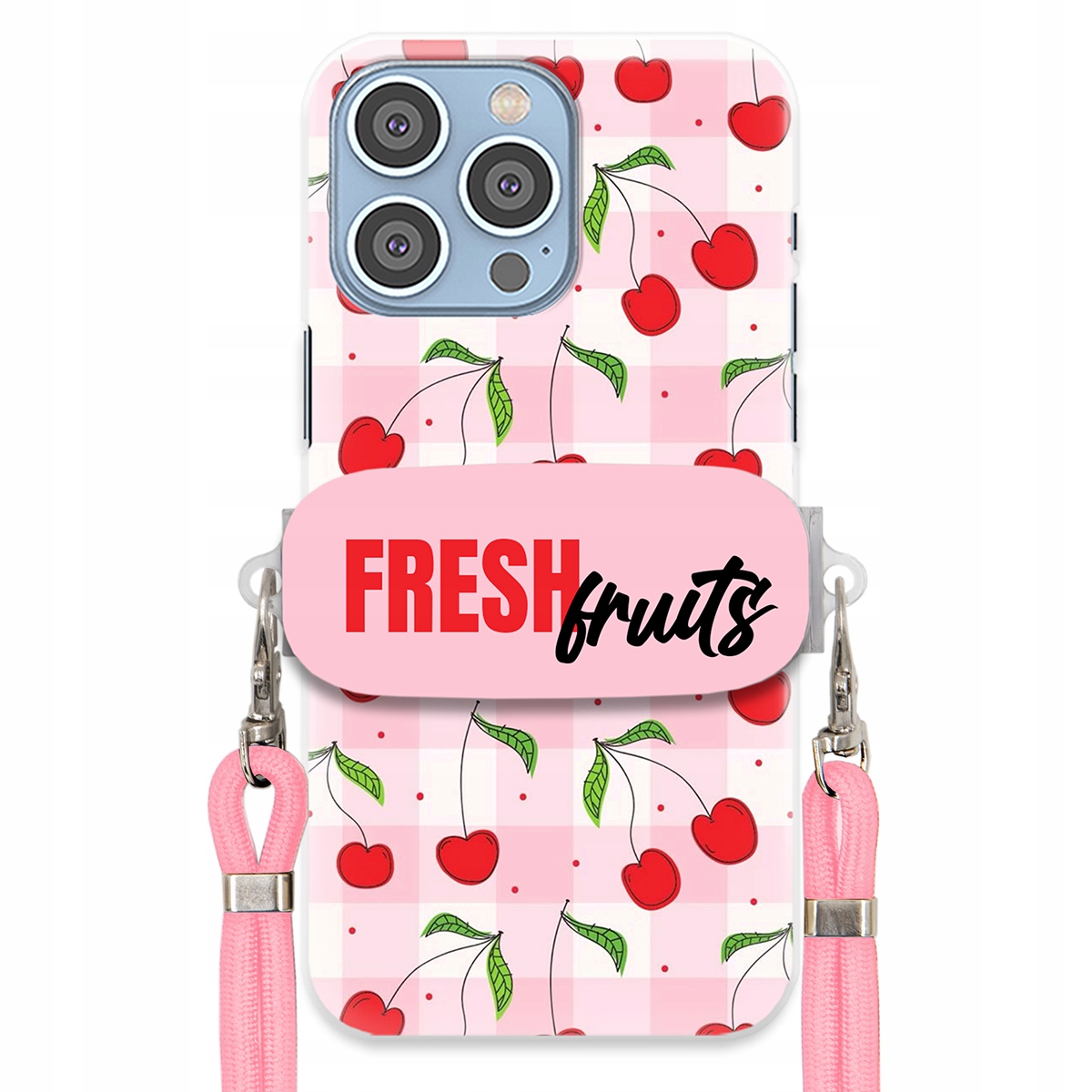 Puzdro pre iPHONE 15 Pro Max Case Držiak šnúrok Ružový Fresh Fruits Mriežka