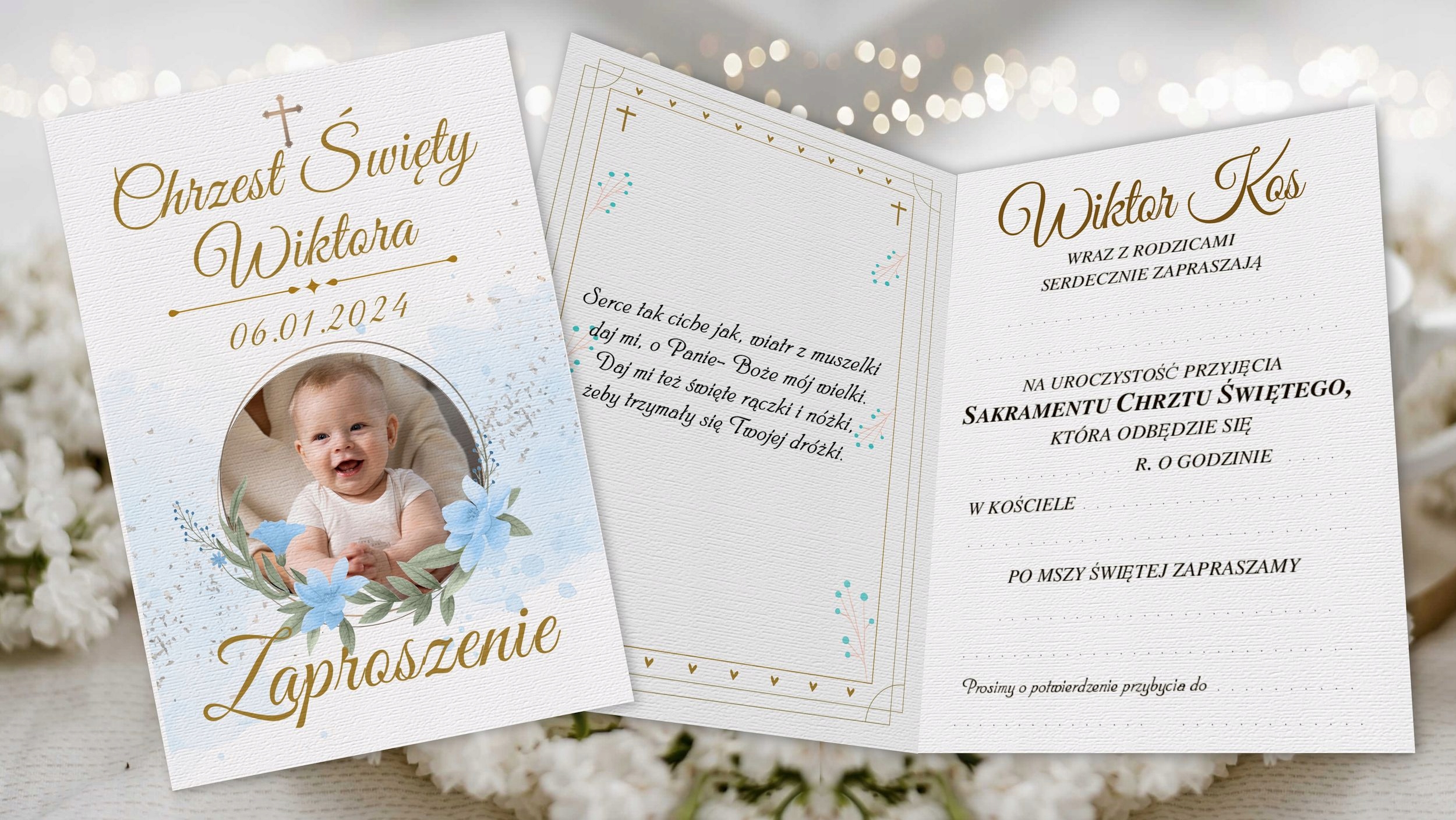 Zaproszenia na Chrzest święty ze zdjęciem dziecka chłopca i dziewczynki w2 Kolor dominujący niebieski