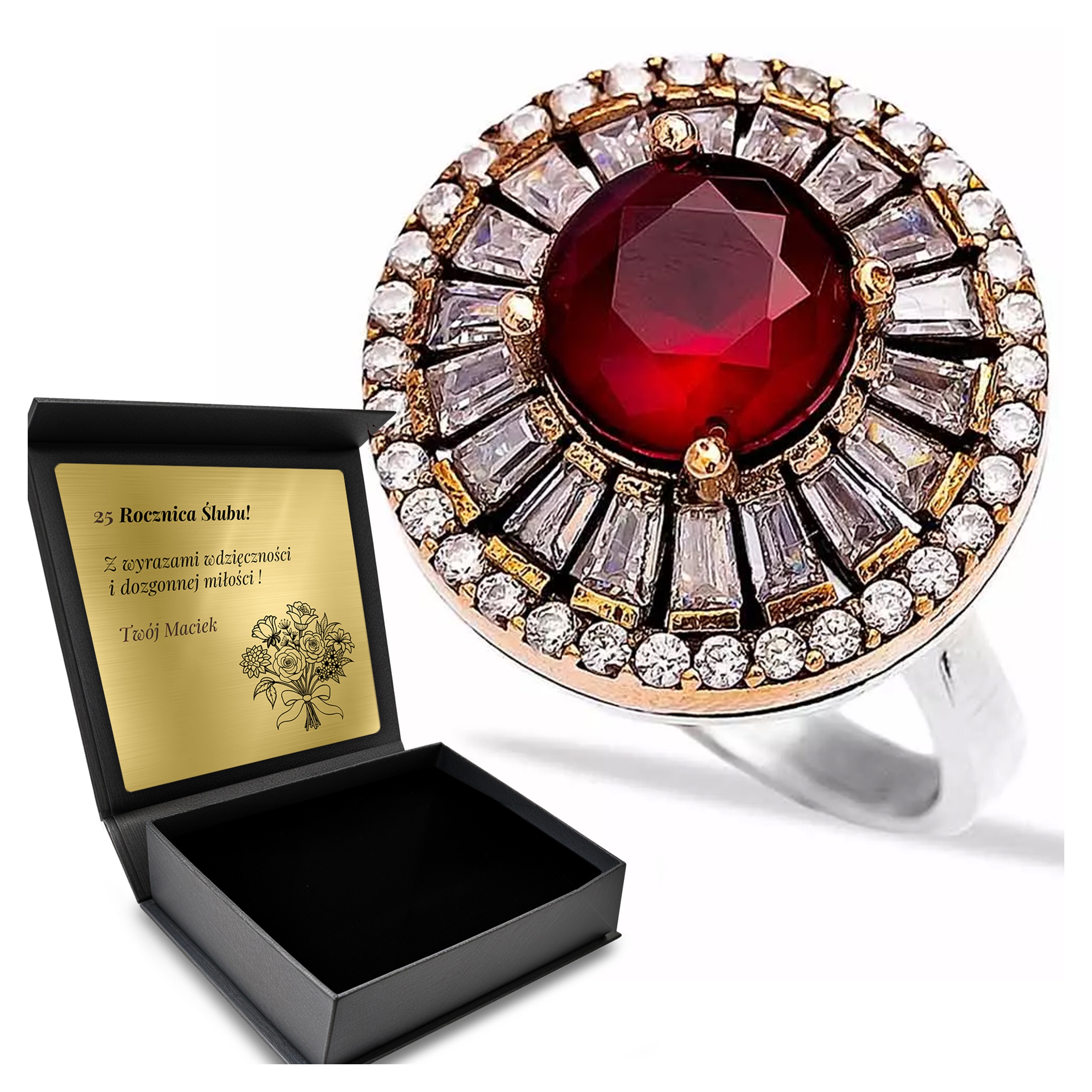 Prstýnek 925 Zirkony Rubín Dárek Na Valentýna Gravírování Bonus