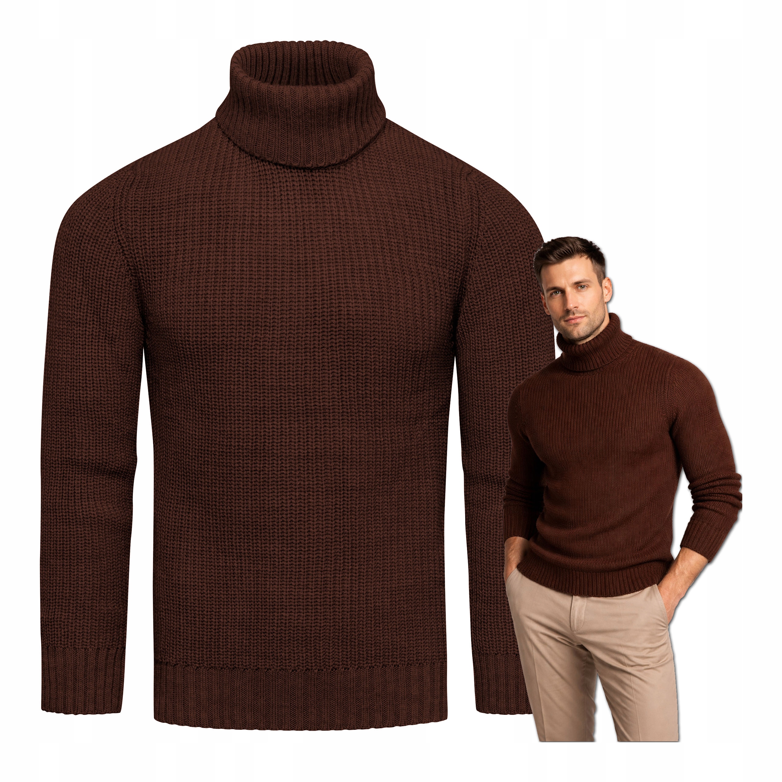 Pánský svetr rolák vlněný, hnědý, teplý a pohodlný, L