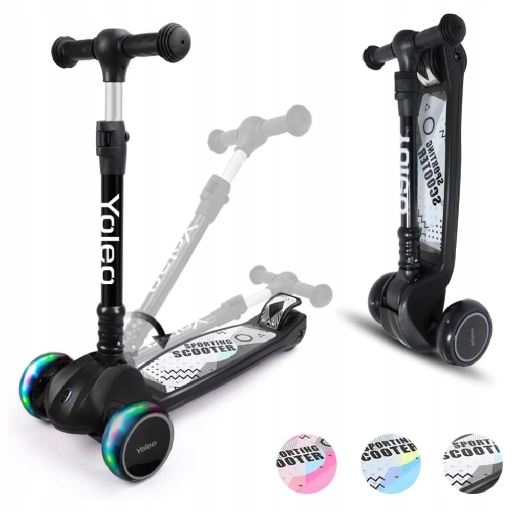 Yoleo Hulajnoga Dziecięca Czarna Na 3 Kółkach Czarna Składana Kółka Led