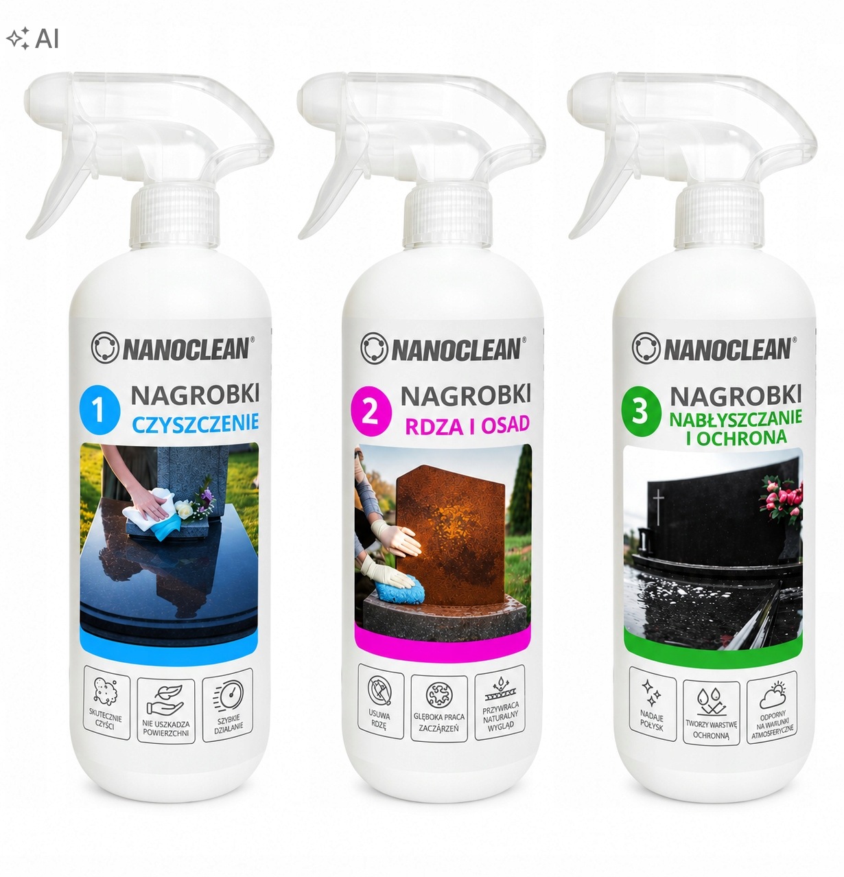 Sada na čištění náhrobků 3v1 Tekutina Rez Usazenina Leštění NanoClean
