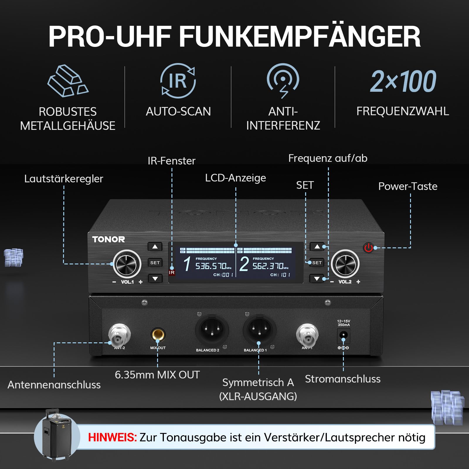 TONOR Mikrofon Bezprzewodowy UHF Zestaw 2x100 Regulowane Mikrofony Karaoke — miniatura 5