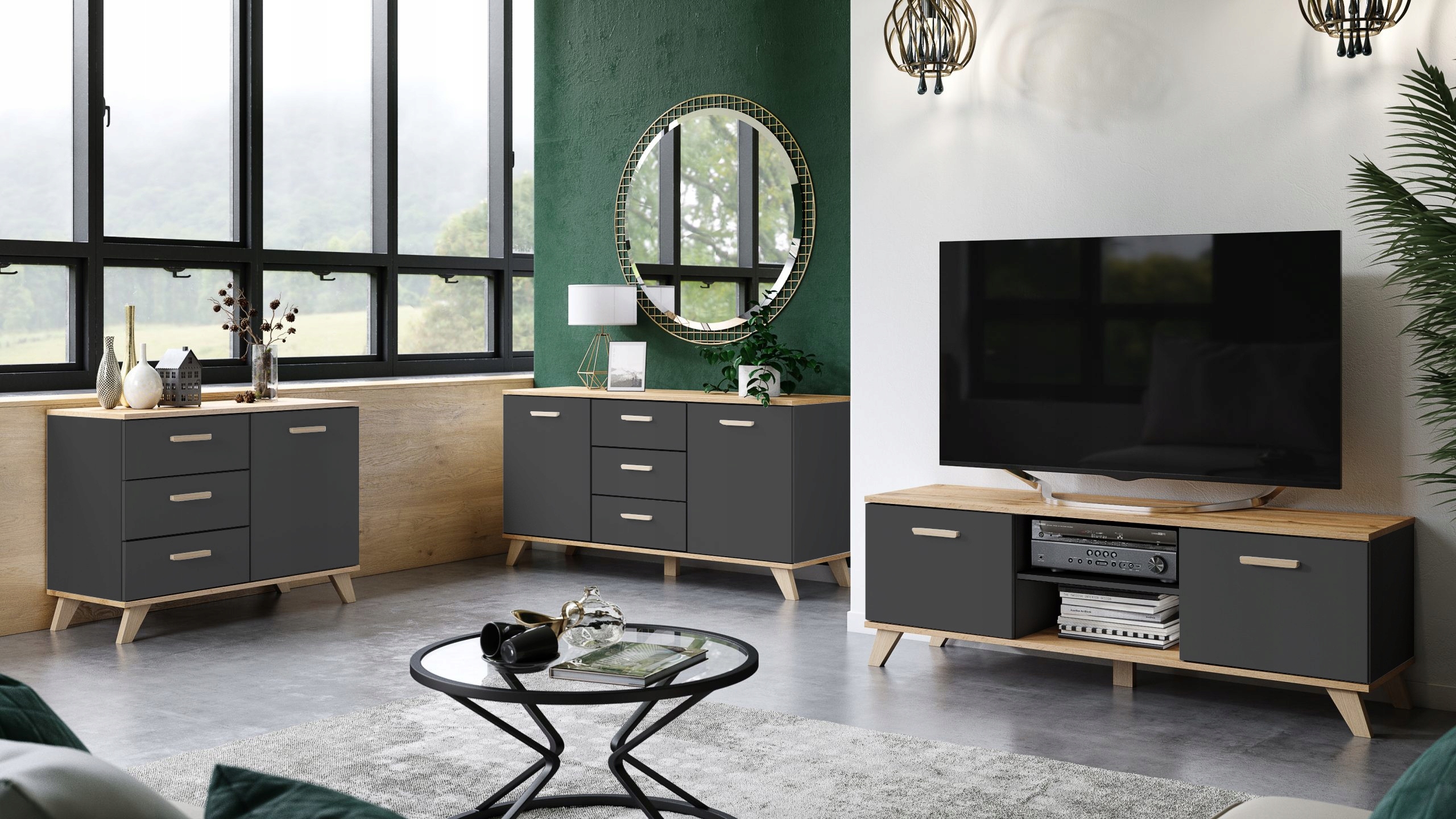 SZAFKA NOCNA STOLIK 2 SZUFLADY GRAFIT DĄB WOTAN KOMODA STYL SKANDYNAWSKI Marka Concordia