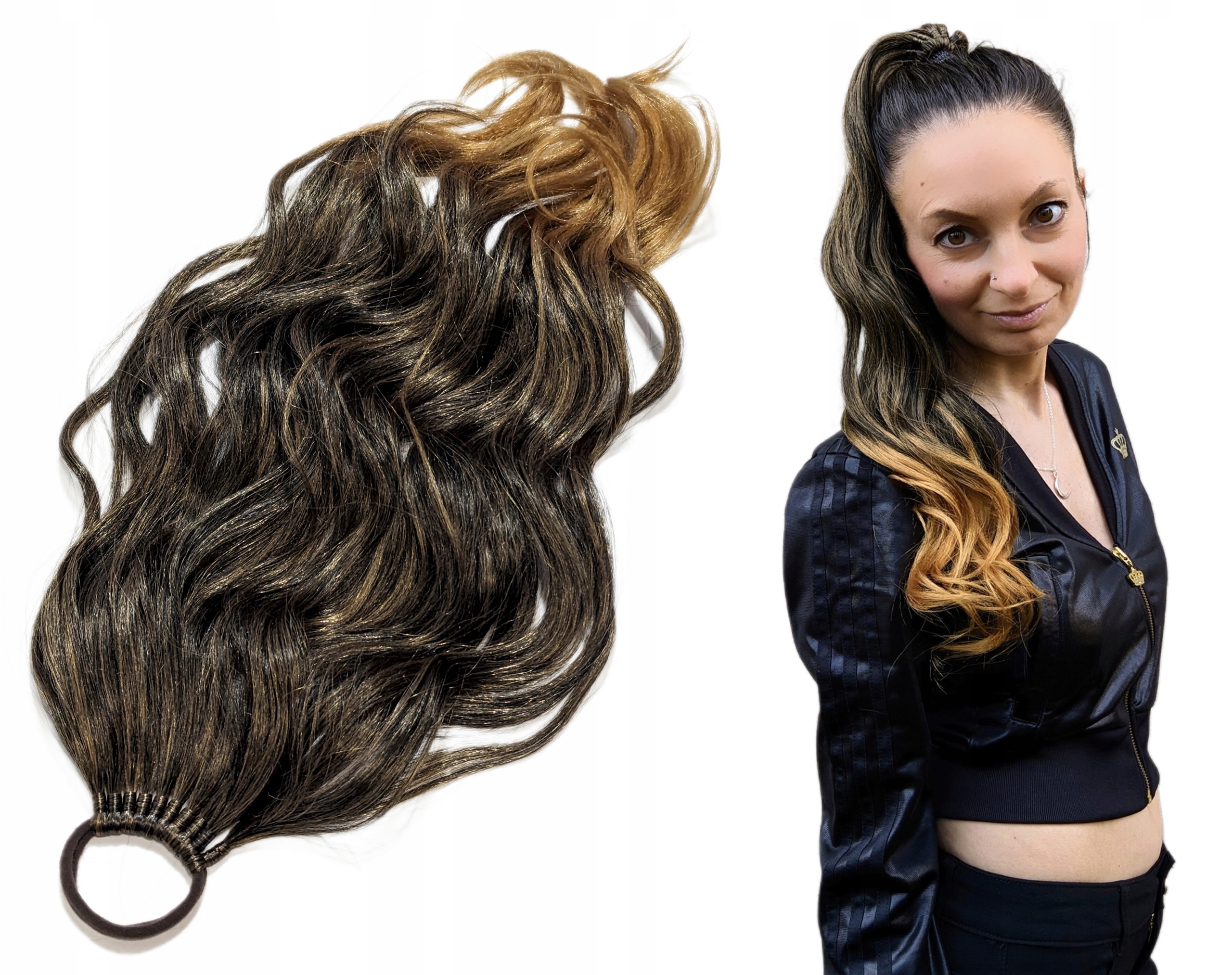 Poník připínací na gumičku, Příčesek kadeře, medově hnědá Medová Brunetka, 65 cm