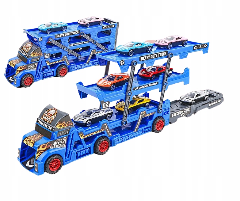 TIR CIĘŻARÓWKA LAWETA WYRZUTNIA + 6X AUTA RESORKI Kolor dominujący odcienie czerwieni