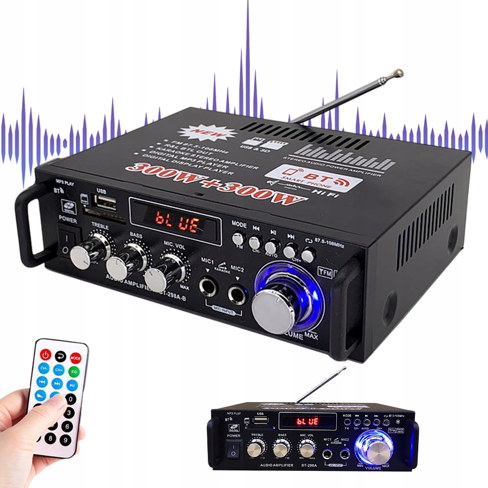 Mini digitální zesilovač Hi-Fi Bt 5.0 Usb Sd Fm 12V/220V s přenosným dálkovým ovládáním