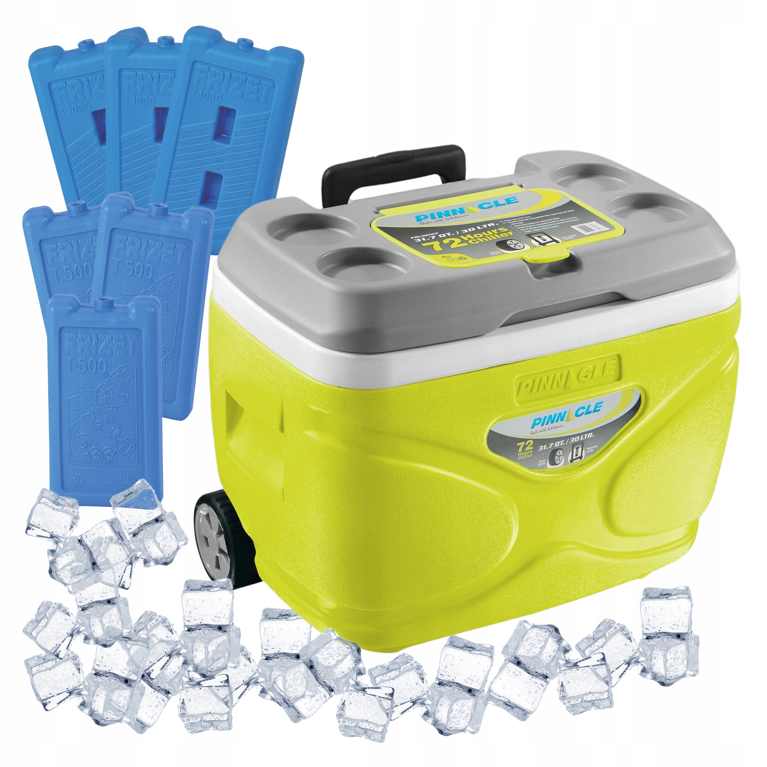 Turistická lednička s kolečky Pinnacle 30 l lime 6 náplní 3x 1000 ml 3x 500 ml
