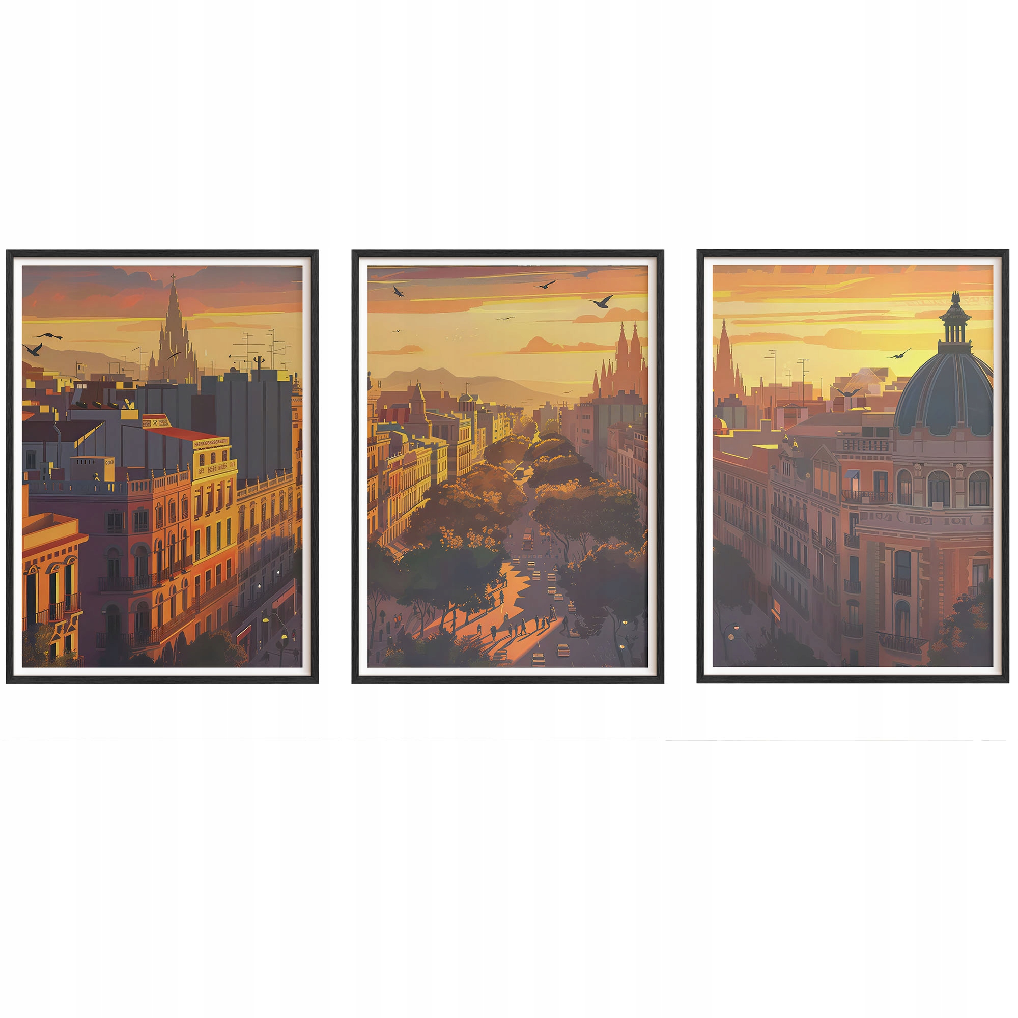 Obrazy Barcelona Západ slnka Plagáty Drevené rámy Čierne 3ks 30x42 cm