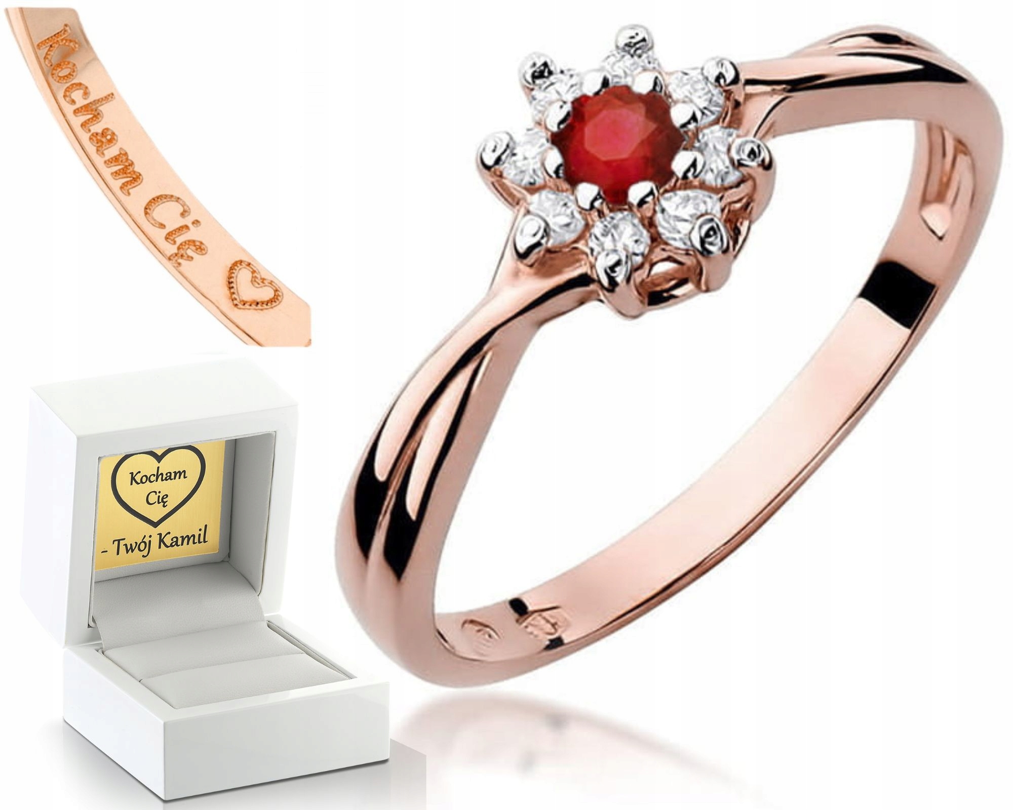 Růžové Zlato Prstýnek Rubín Brilianty 585 Gravírování