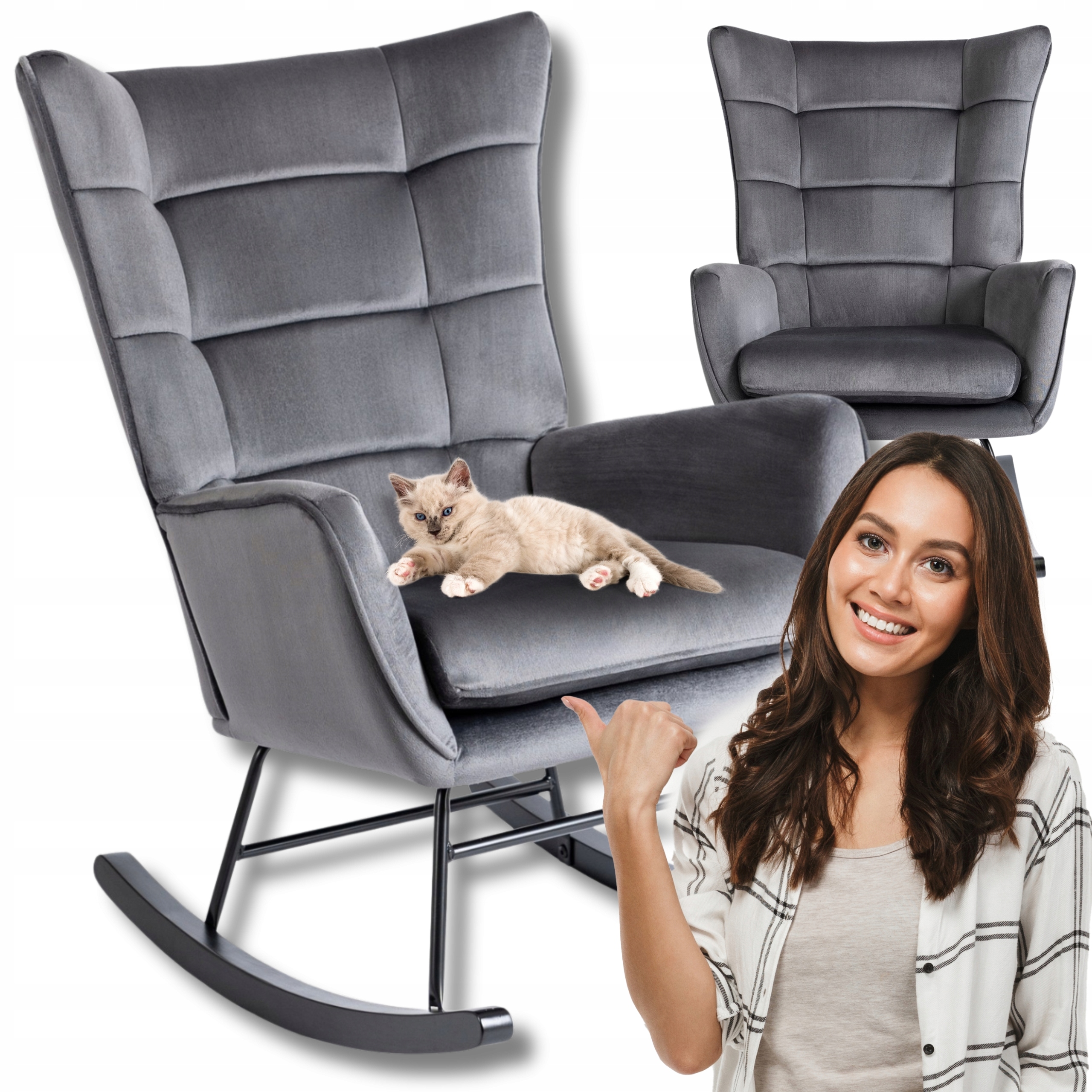 Křeslo Uszak Houpací odpočinkové Velurové Salon Loft Velvet Šedé Jackson