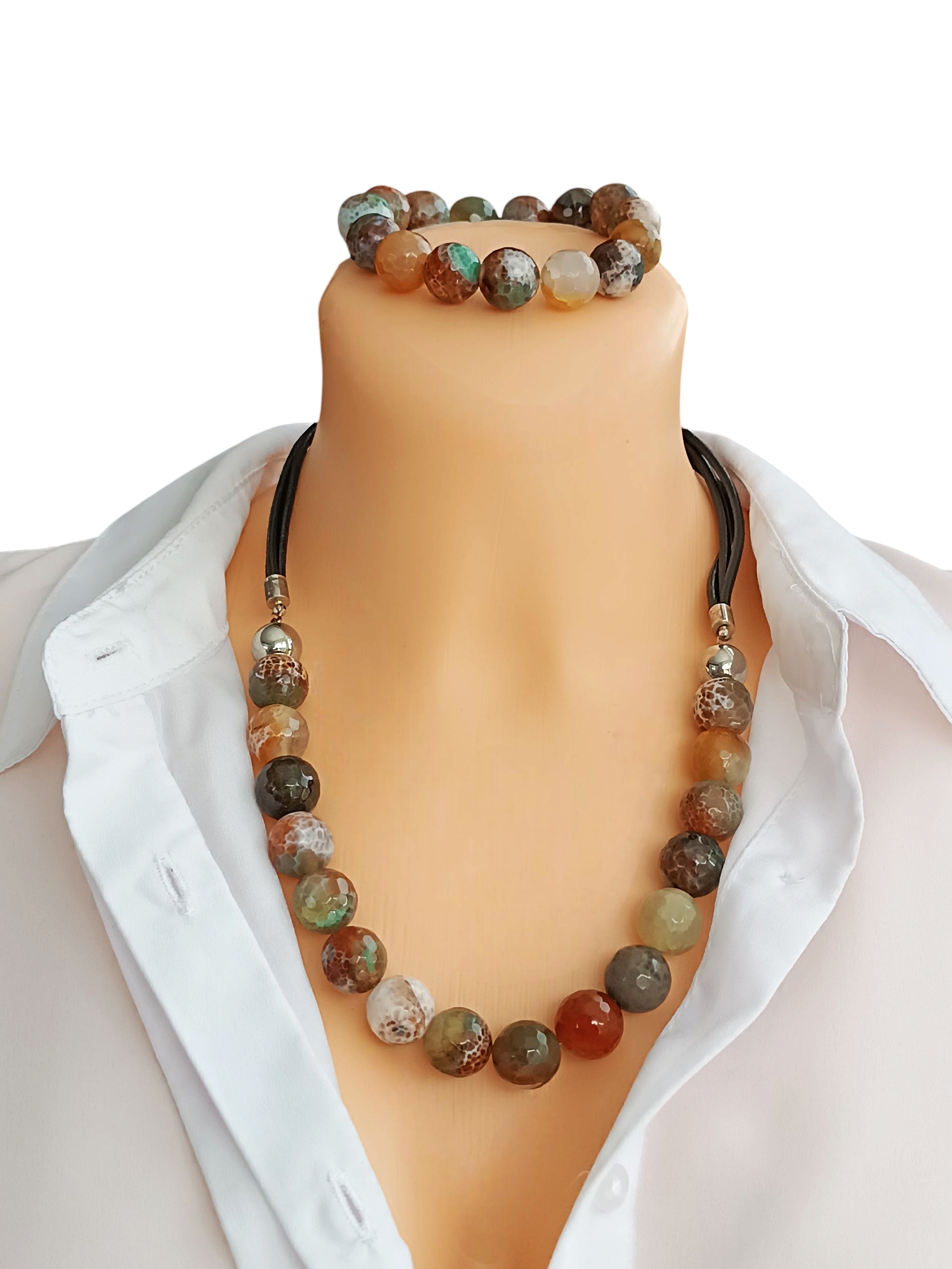 Vícebarevný komplet Agat broušený náhrdelník náramek 50 cm Dárek