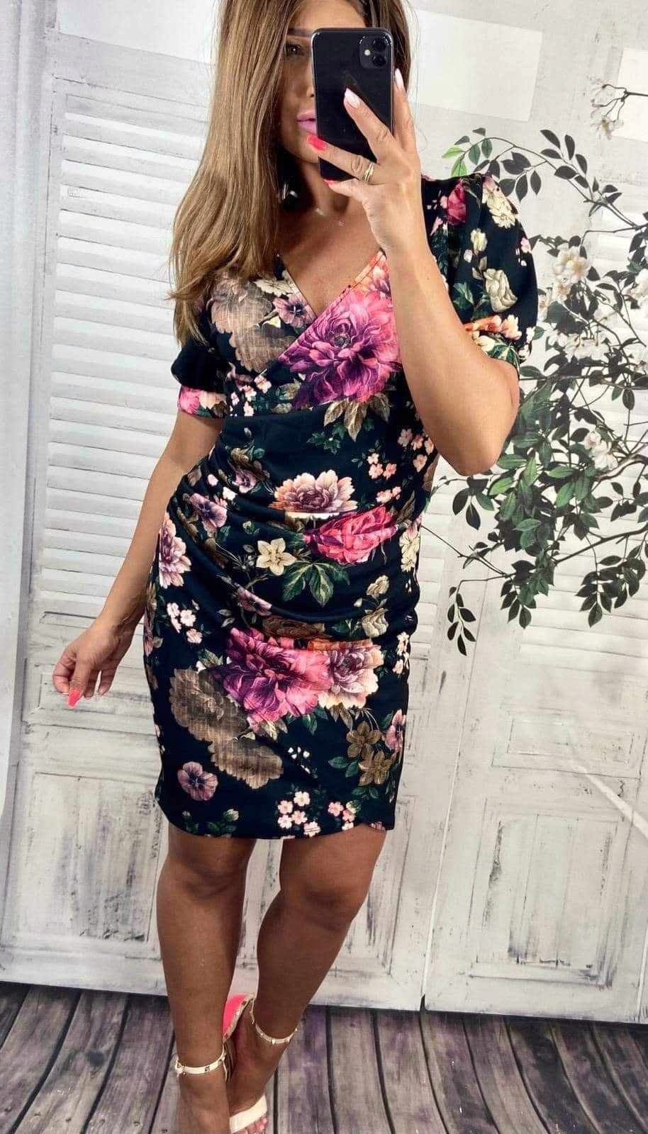 V741 ELEGANCKA SUKIENKA KOPERTOWA MARSZCZONA W KWIATY K1 r. 38 (M) Rozmiar 38