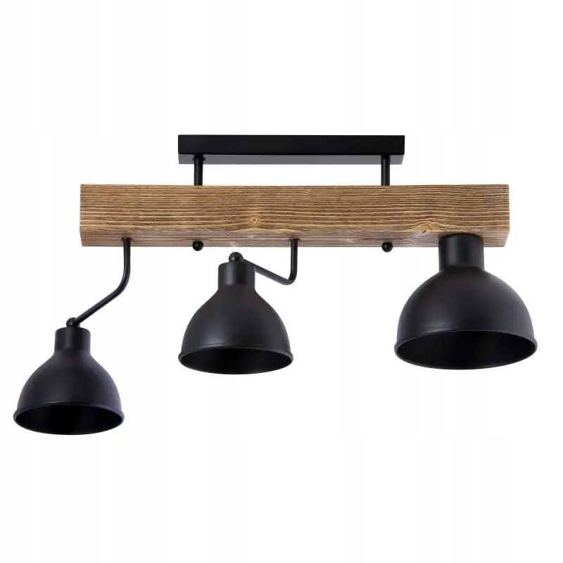 Velký stropní svítidlo dřevěná loftová lišta se 3 kovovými stínítky, černá chodba