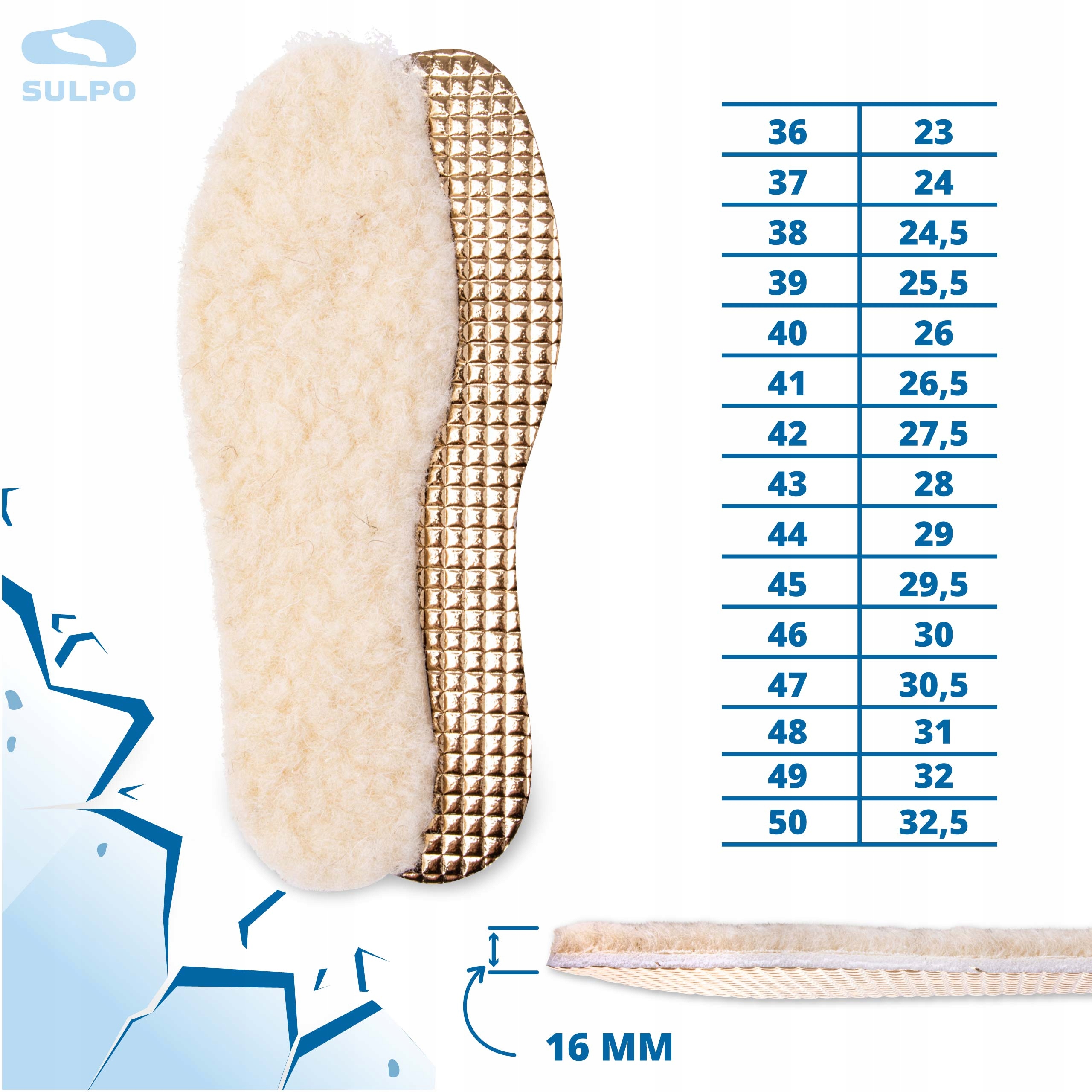 Wkładki do butów wełniane z folią aluminiową na zimę w góry termiczne 47 Rozmiar zakresowy 47-47
