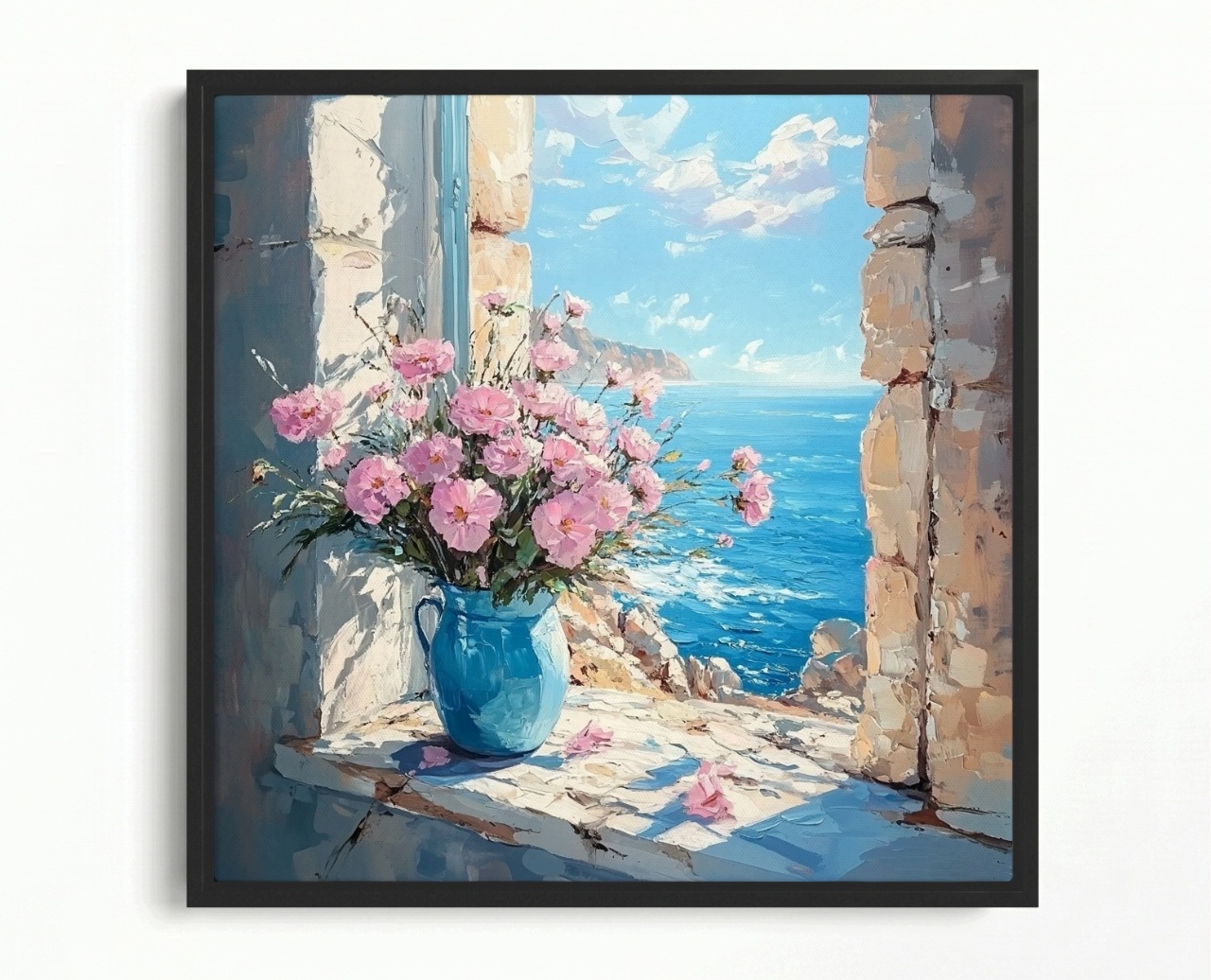 Obraz Rám Americký Box Olej Okno Pohled Moře Jižní Květiny Váza 40x40