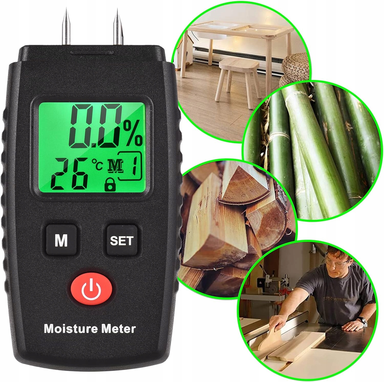 WILGOTNOŚCIOMIERZE MIERNIK WILGOTNOŚCI DLA DREWNO KARTON GLEBA TYP PINU Przeznaczenie do drewna i betonu