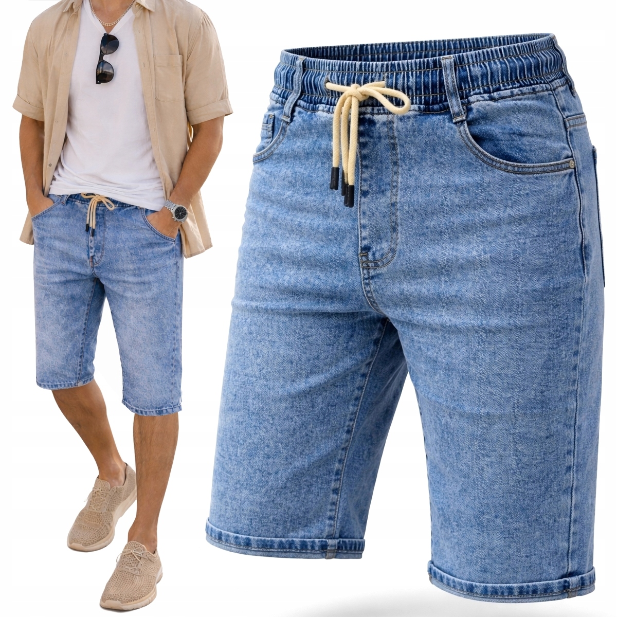 Spodenki męskie Jeansowe Krótkie spodnie Za Kolano rozciągliwe z Gumką L