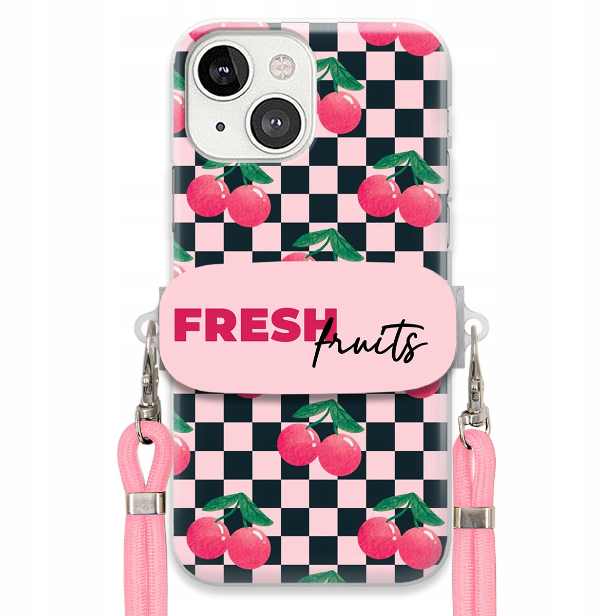 Puzdro pre iPHONE 13 Vodítko Pink Crossbody+ Funkčný držiak Fresh Fruits