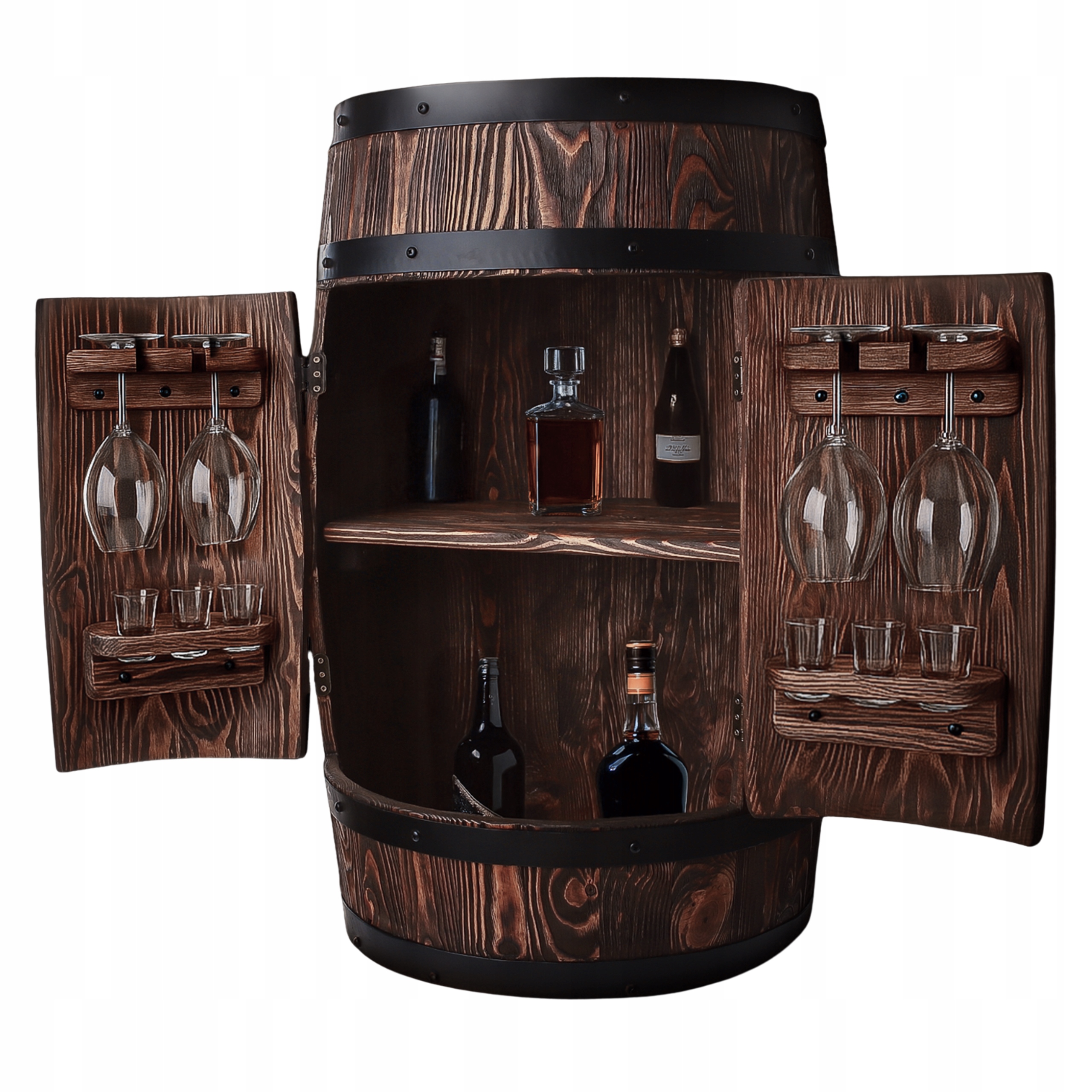 Drevený bar na alkohol, sud na víno s držiakmi na poháre, 80 x 55 cm
