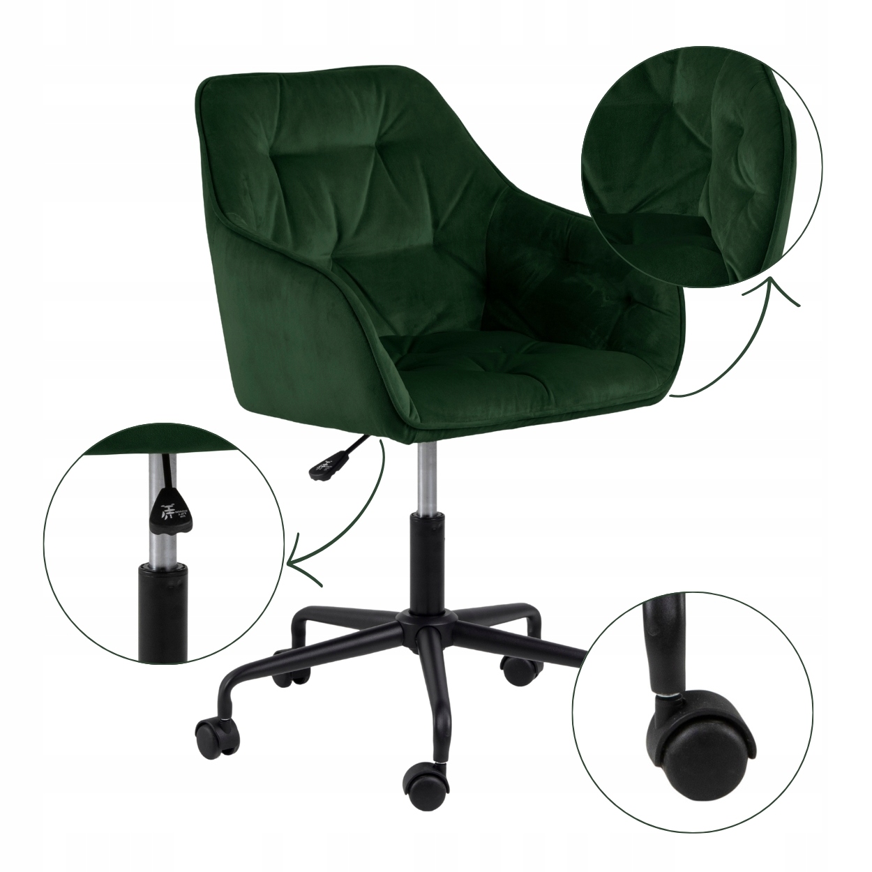 Pohodlná Kancelárska Stolička Tmavozelená otočná na kolieskach s operadlom z velúru