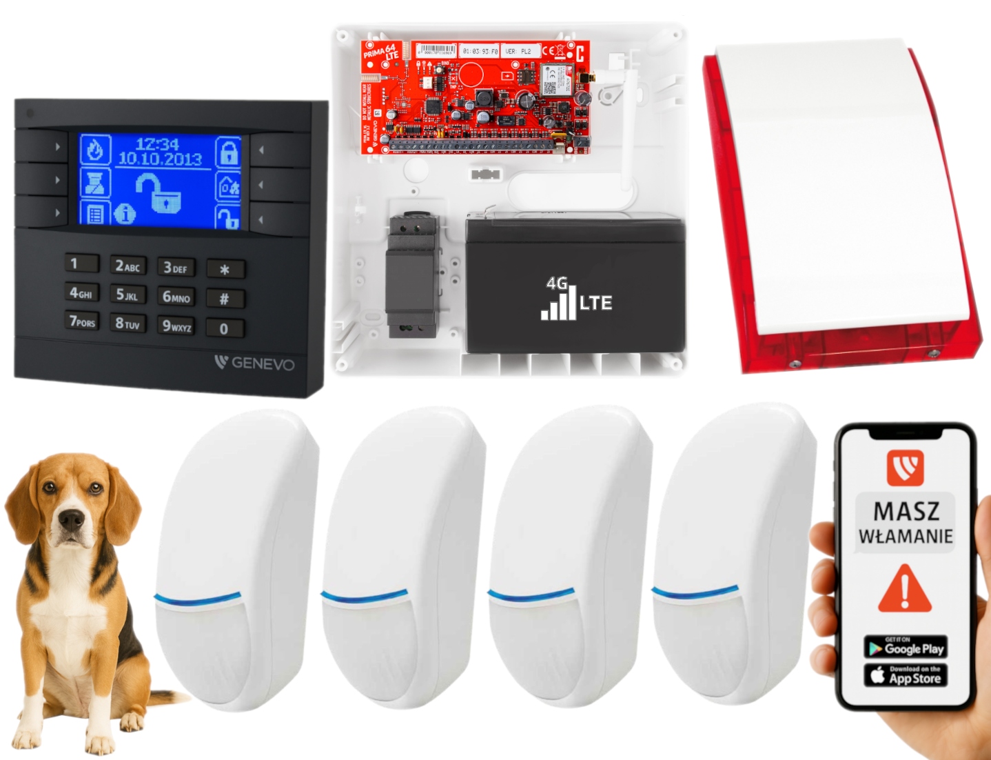 Zestaw Alarmowy PRIMA64LTE Gsm Panel LCD 4 Czujki Bingo Plus 4 Strefy App