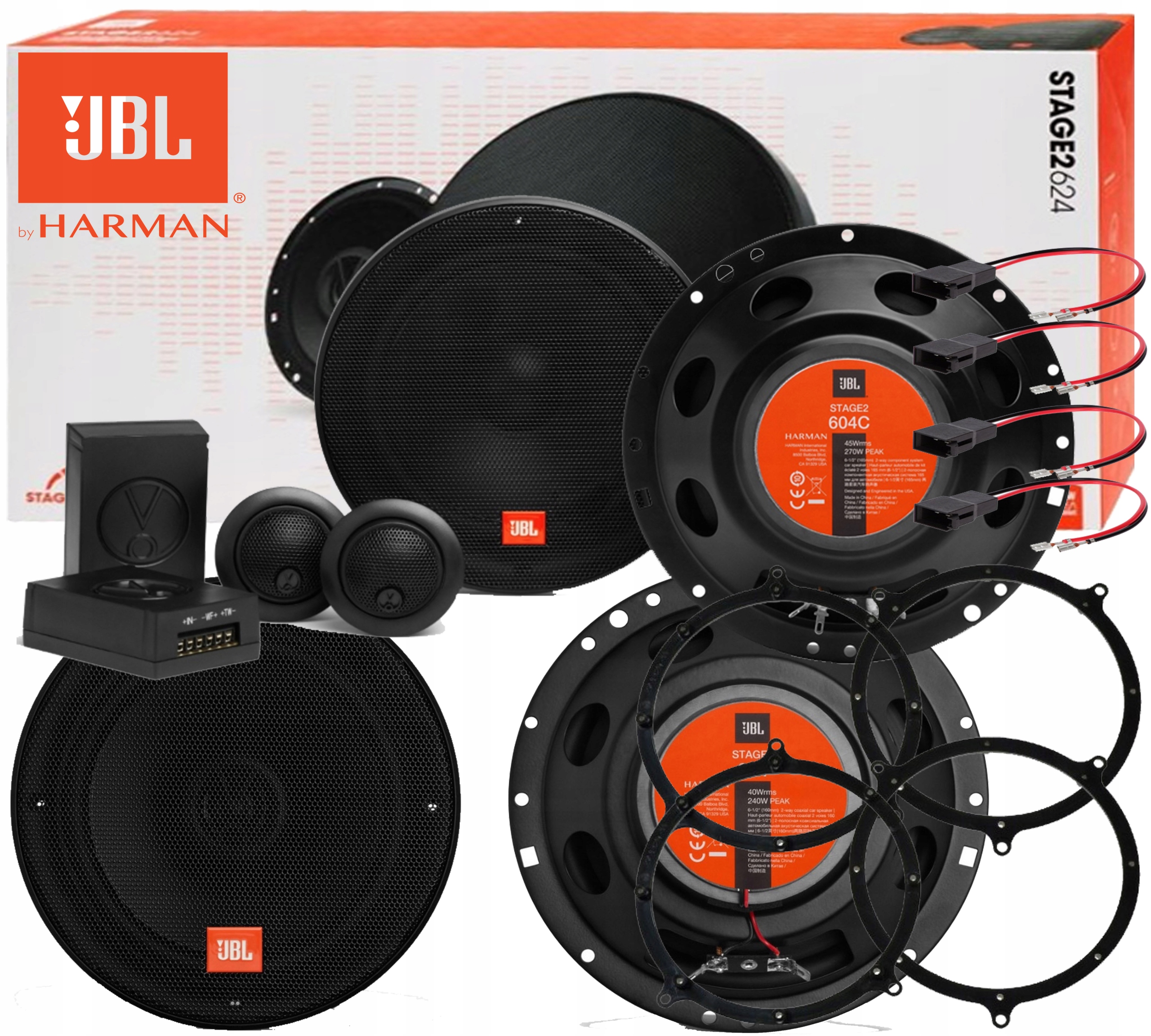 JBL STAGE2 604C + 624 GŁOŚNIKI DO AUDI A6 C5 PRZÓD + TYŁ ADAPTERY