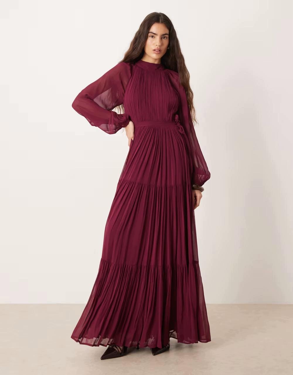 Lace & Beads Bordó Šifonová Maxi Šaty S Dlouhým Rukávem B23__S
