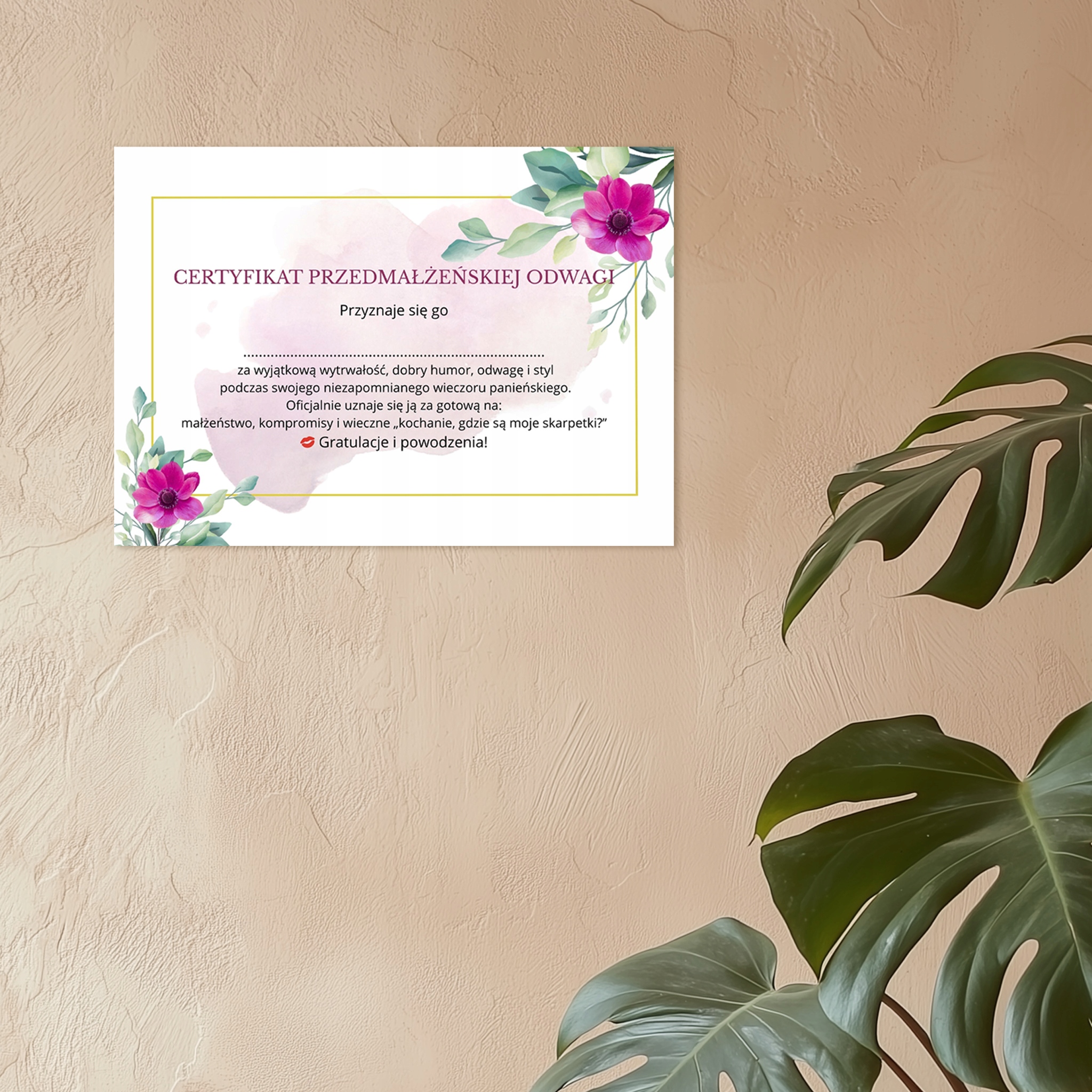 CERTYFIKAT prezent na WIECZÓR PANIEŃSKI dyplom dla PANNY MŁODEJ ozdoba Marka Party Collection