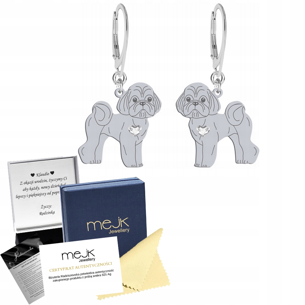 Stříbrné Náušnice s Shih Tzu 925 Žena Šperky Dárek Gravírování Bonus