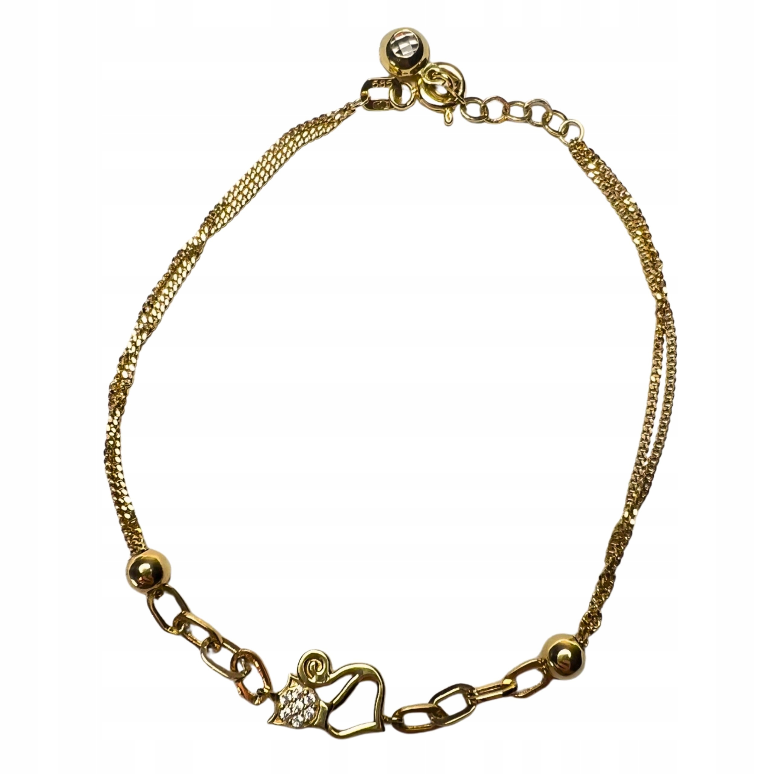 Jemný Dámský Náramek Zlatá Kočička Zirkony Kuličky Ryzosti 585 Elegantní