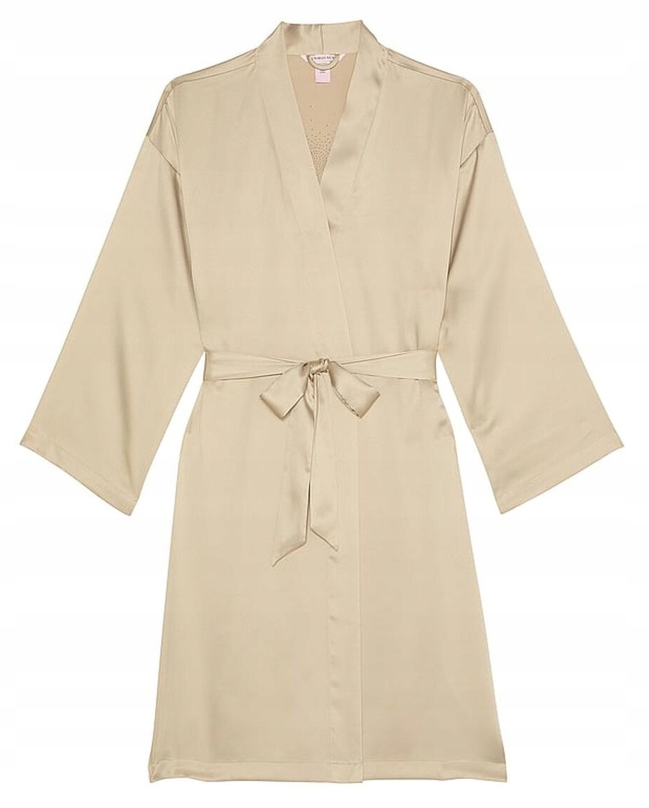 Saténový midi župan Victoria’s Secret pískový s logem a zirkony M/L