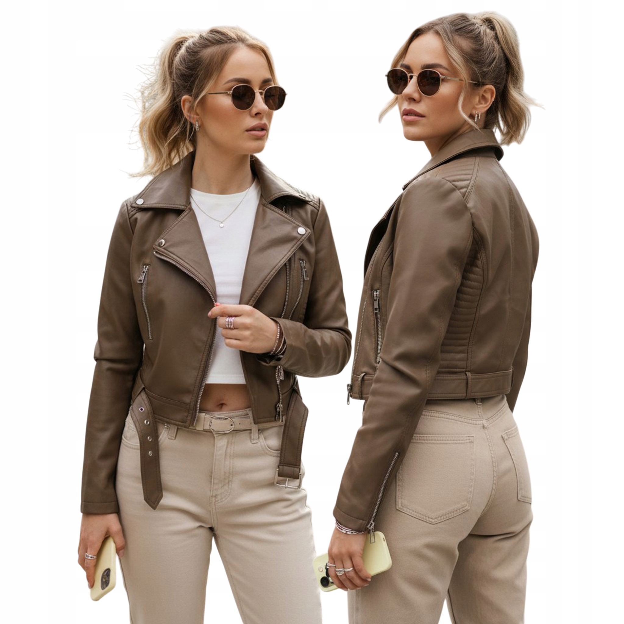 Kurtka damska ramoneska przejsciowa skórzana jasnobrązowa TY5536 L