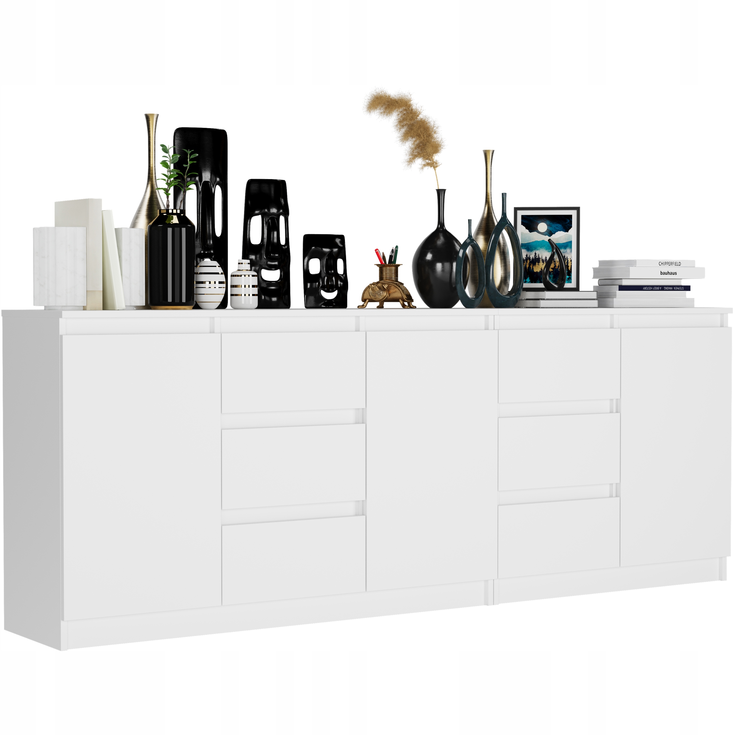 Komoda 200 cm Velká 6 zásuvek 3 Dvířka bílá Prostorná sada Moderní