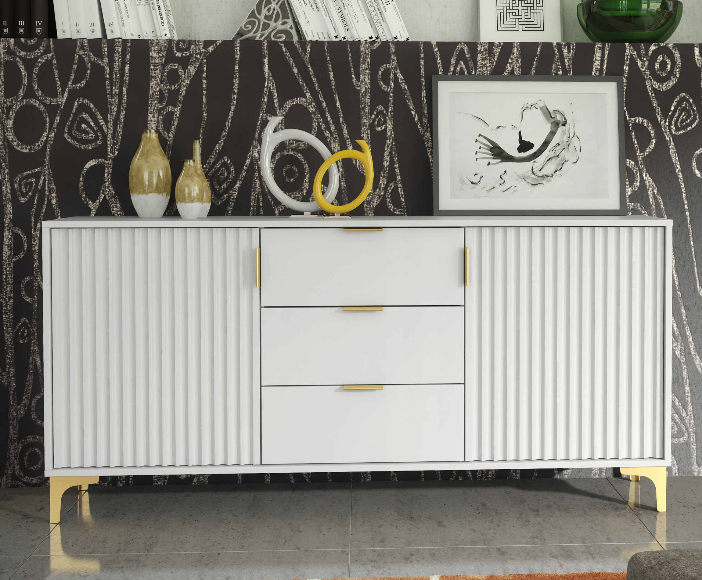 KOMODA DO SALONU SZAFKA DO POKOJU RYFOLWANE FRONTY BIAŁA MAT GLAMOUR LFT101 Marka EFS